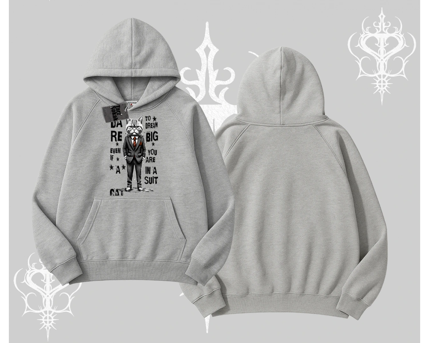 Dream Big Yazılı Takım Elbiseli Kedi Baskılı Kapşonlu Sweatshirt