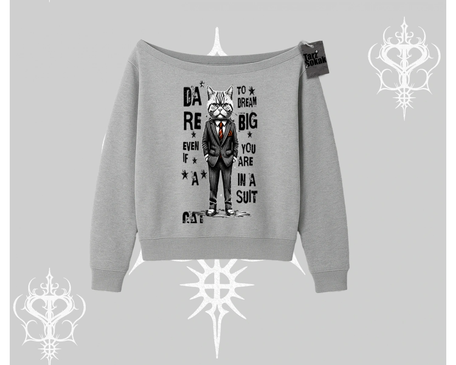 Dream Big Yazılı Takım Elbiseli Kedi Baskılı Kayık Yaka Sweatshirt