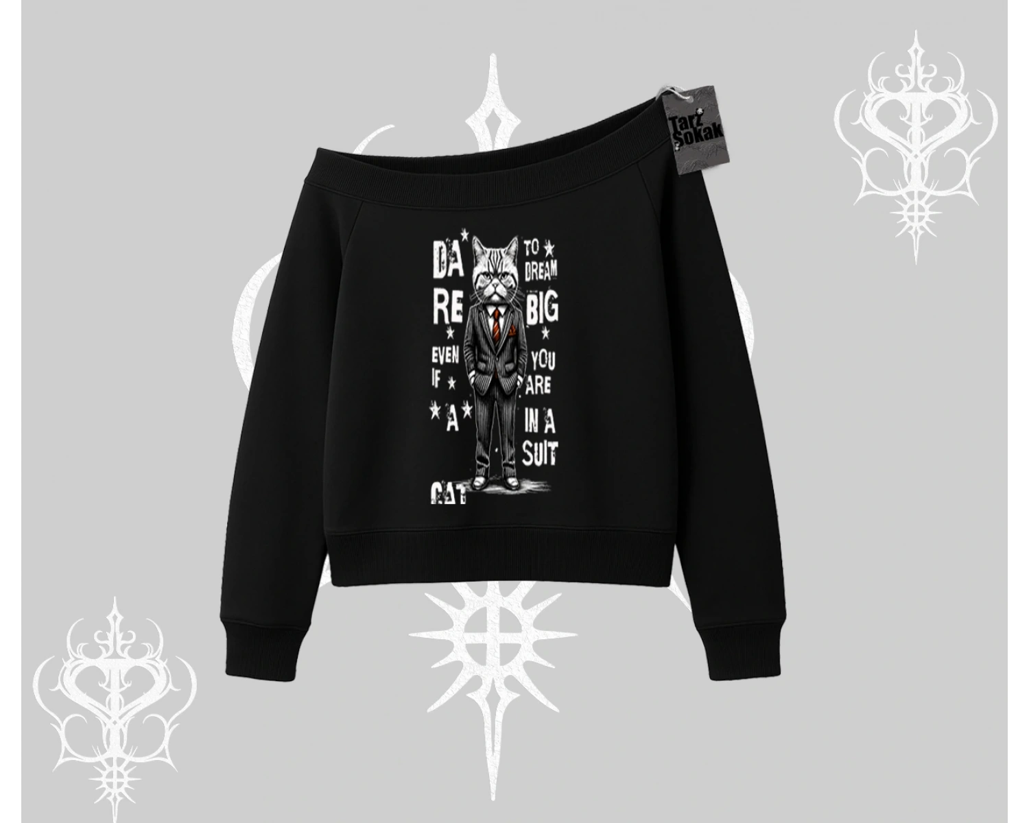 Dream Big Yazılı Takım Elbiseli Kedi Baskılı Kayık Yaka Sweatshirt