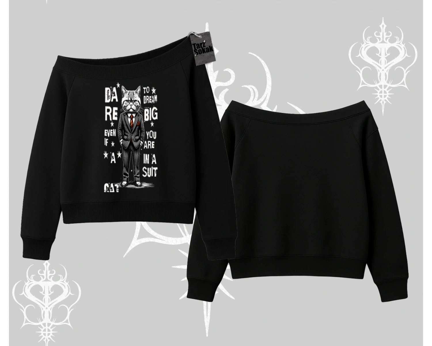 Dream Big Yazılı Takım Elbiseli Kedi Baskılı Kayık Yaka Sweatshirt