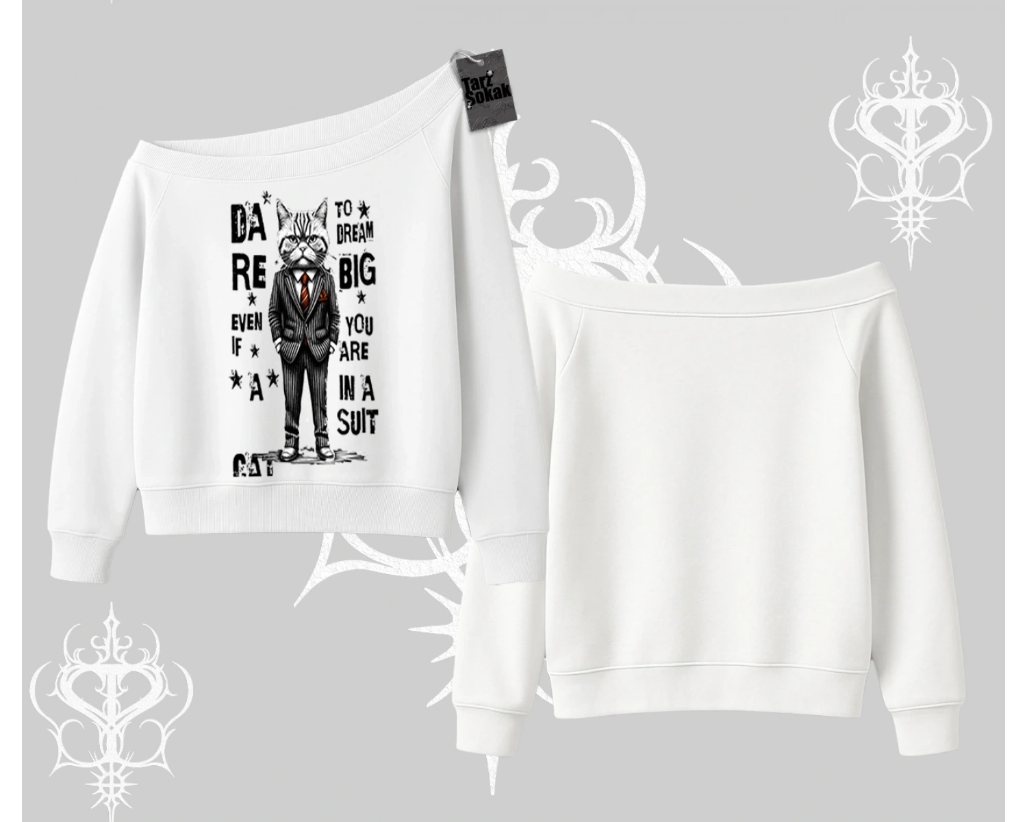 Dream Big Yazılı Takım Elbiseli Kedi Baskılı Kayık Yaka Sweatshirt