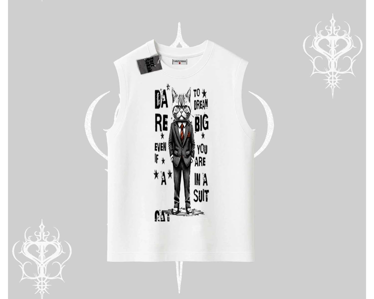 Dream Big Yazılı Takım Elbiseli Kedi Baskılı Kolsuz Tshirt