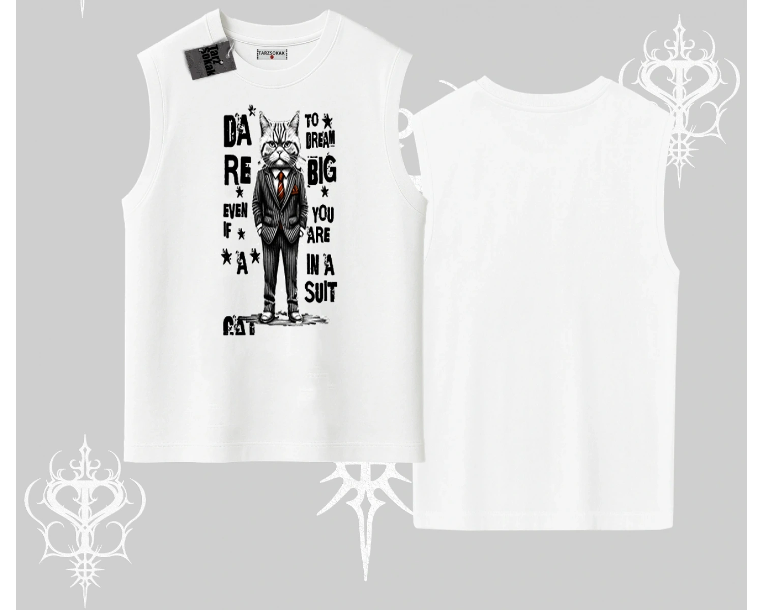 Dream Big Yazılı Takım Elbiseli Kedi Baskılı Kolsuz Tshirt