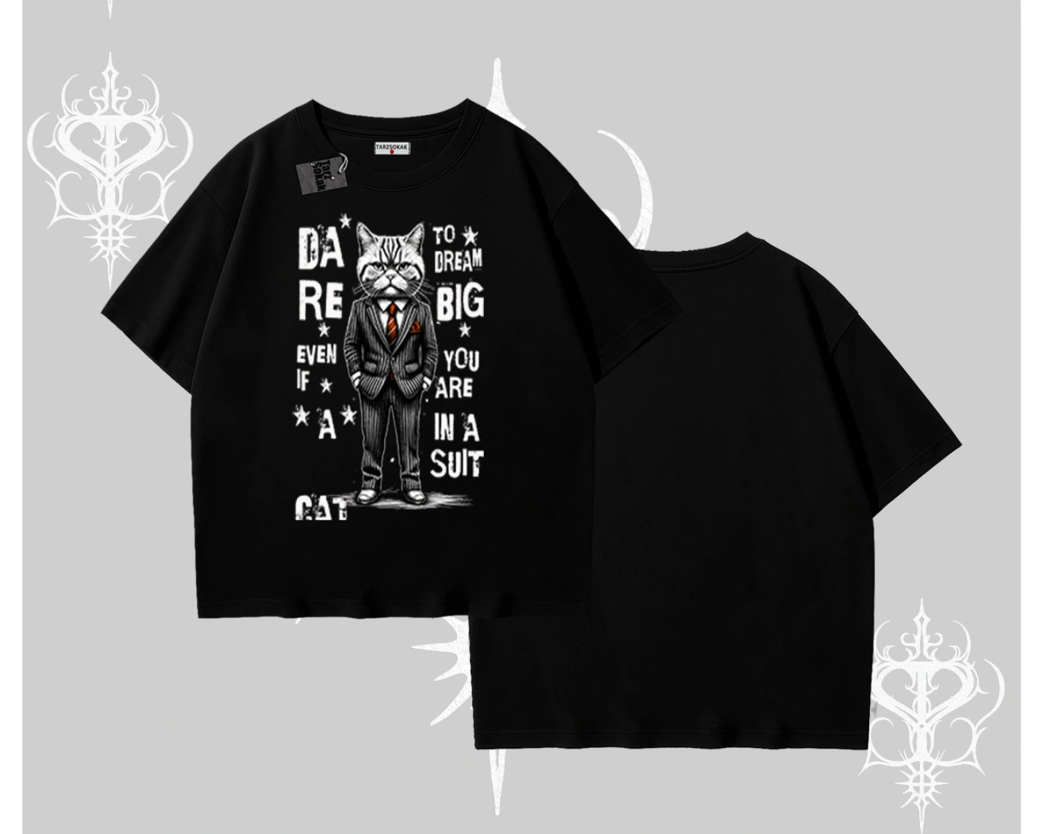 Dream Big Yazılı Takım Elbiseli Kedi Baskılı Oversize Tshirt