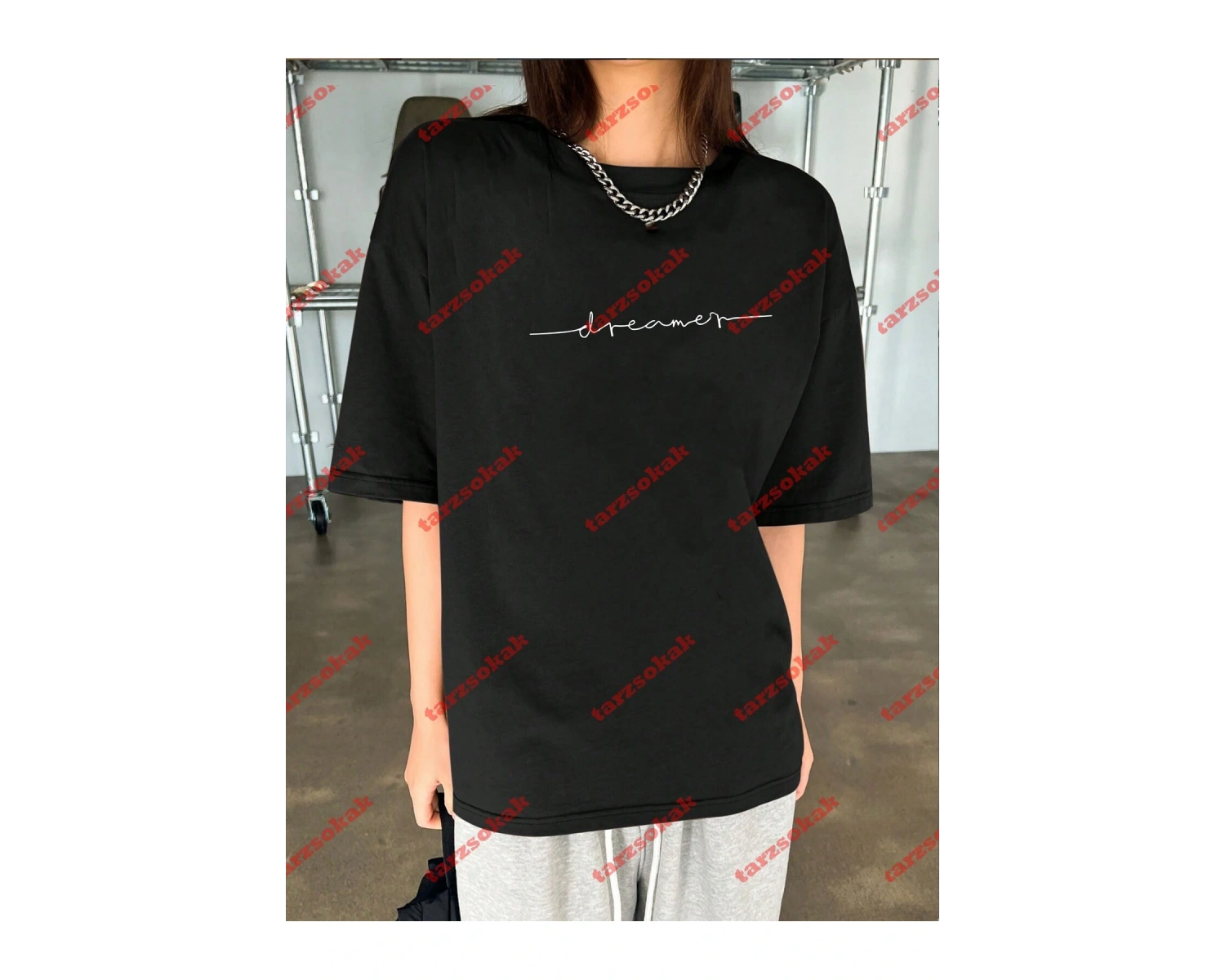 Dreamer Baskılı Oversize Bisiklet Yaka Tshirt Beyaz