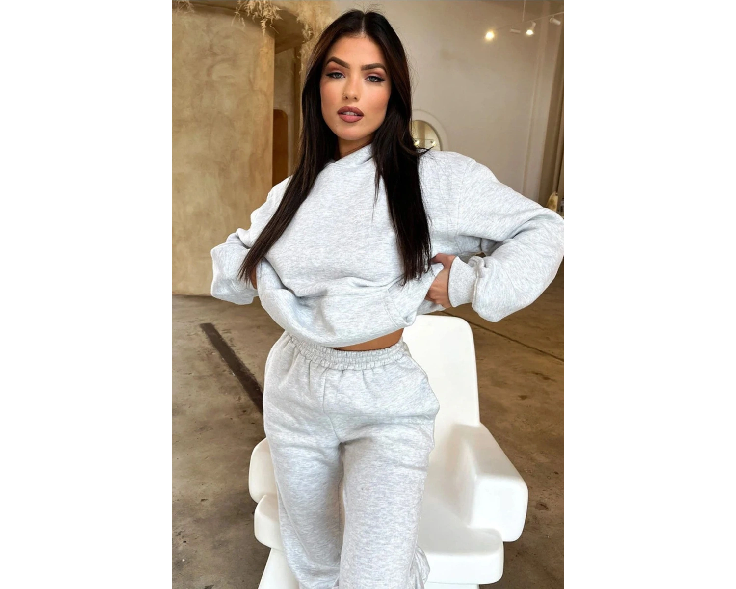 Düz Gri Dijital Baskılı Kışlık Unisex Eşofman Takımı