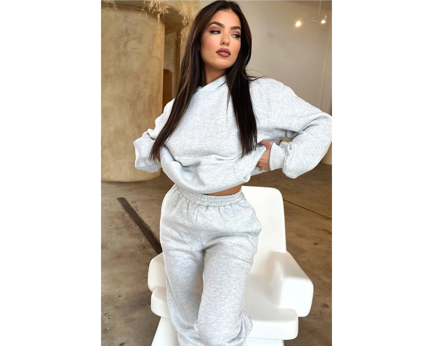 Düz Gri Dijital Baskılı Kışlık Unisex Eşofman Takımı