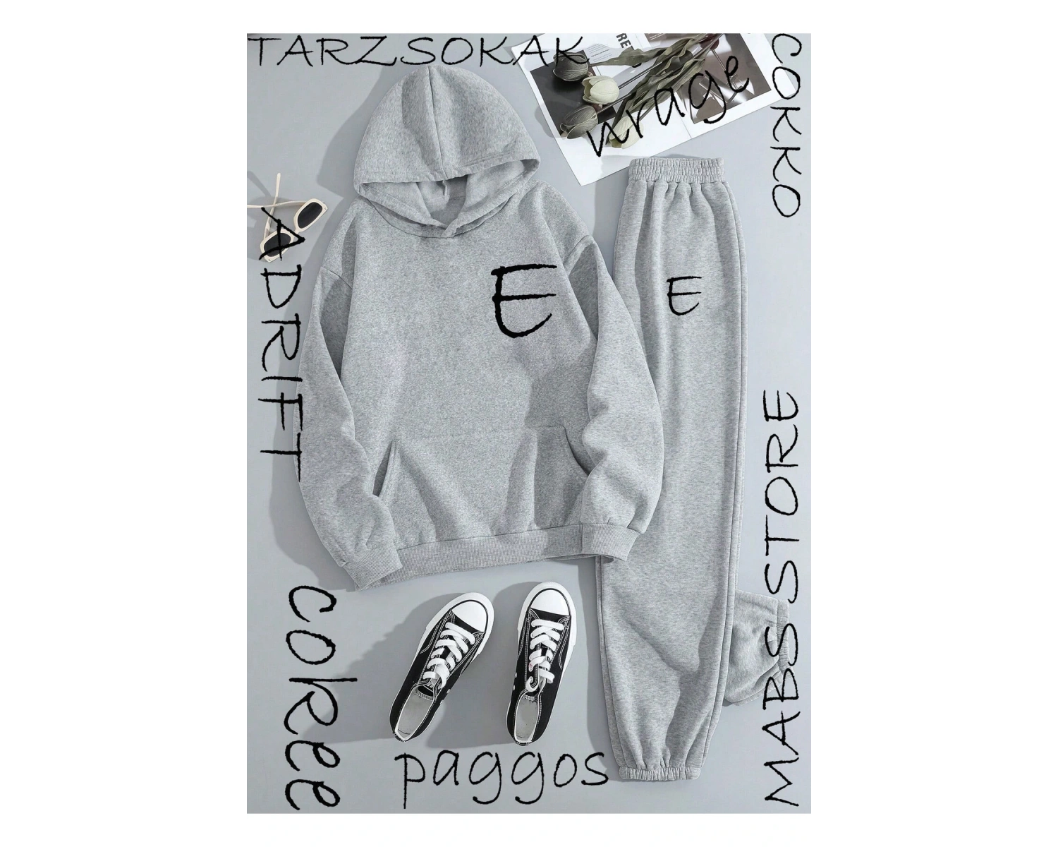 E harfli 2 li Kapşonlu Eşofman Takımı