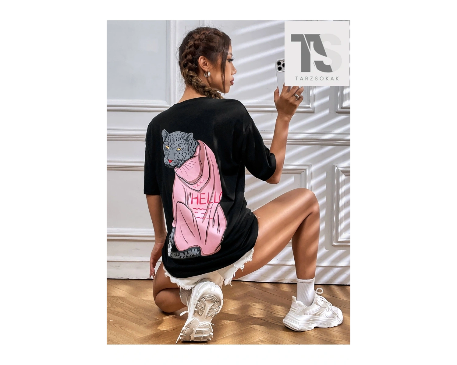 Elena Ilustra Karikatür Grafik Düşük Omuz Oversize Tişört