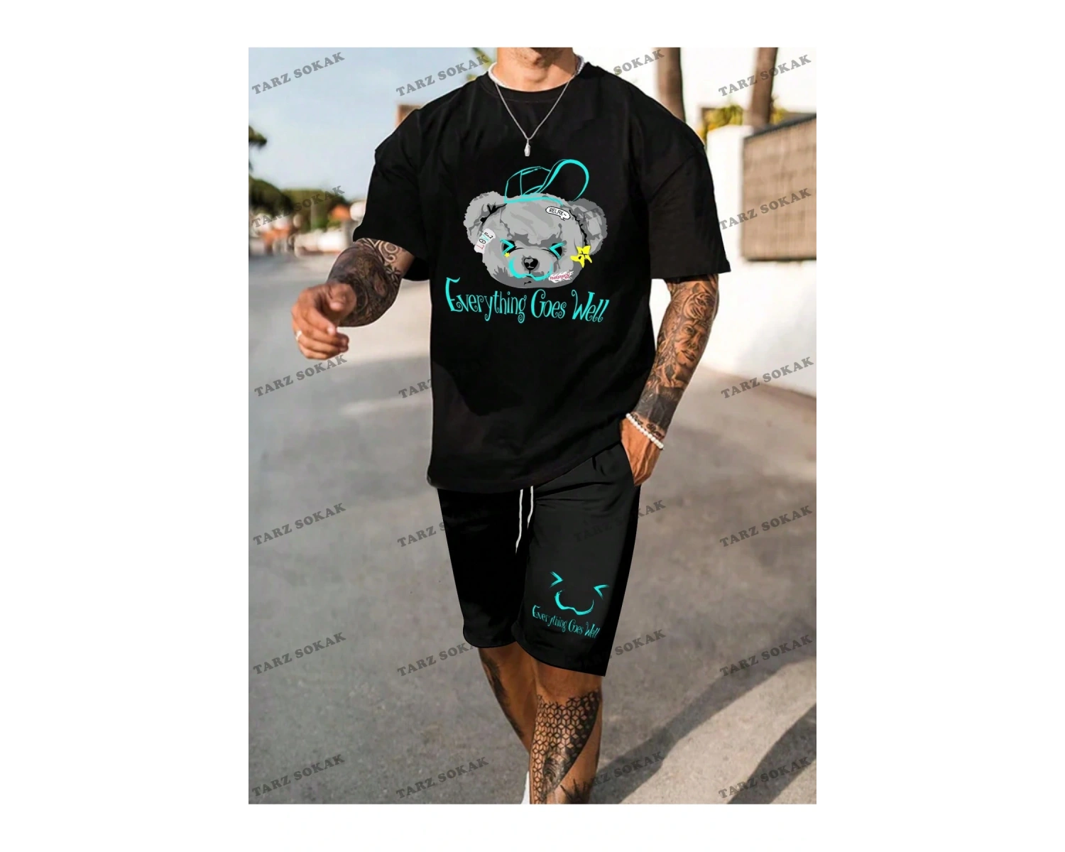 EMRG Erkek Ayı Slogan Baskılı T-Shirt ve Şort Takım