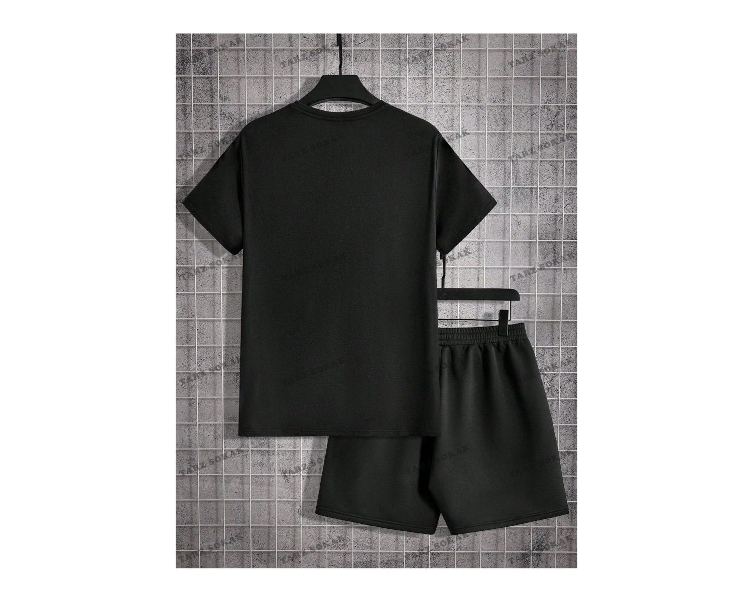 EMRG Siyah Örgü Erkek Karakter Baskılı Kısa Kollu Grafik Erkek T Gömlek Ve Şort Tak