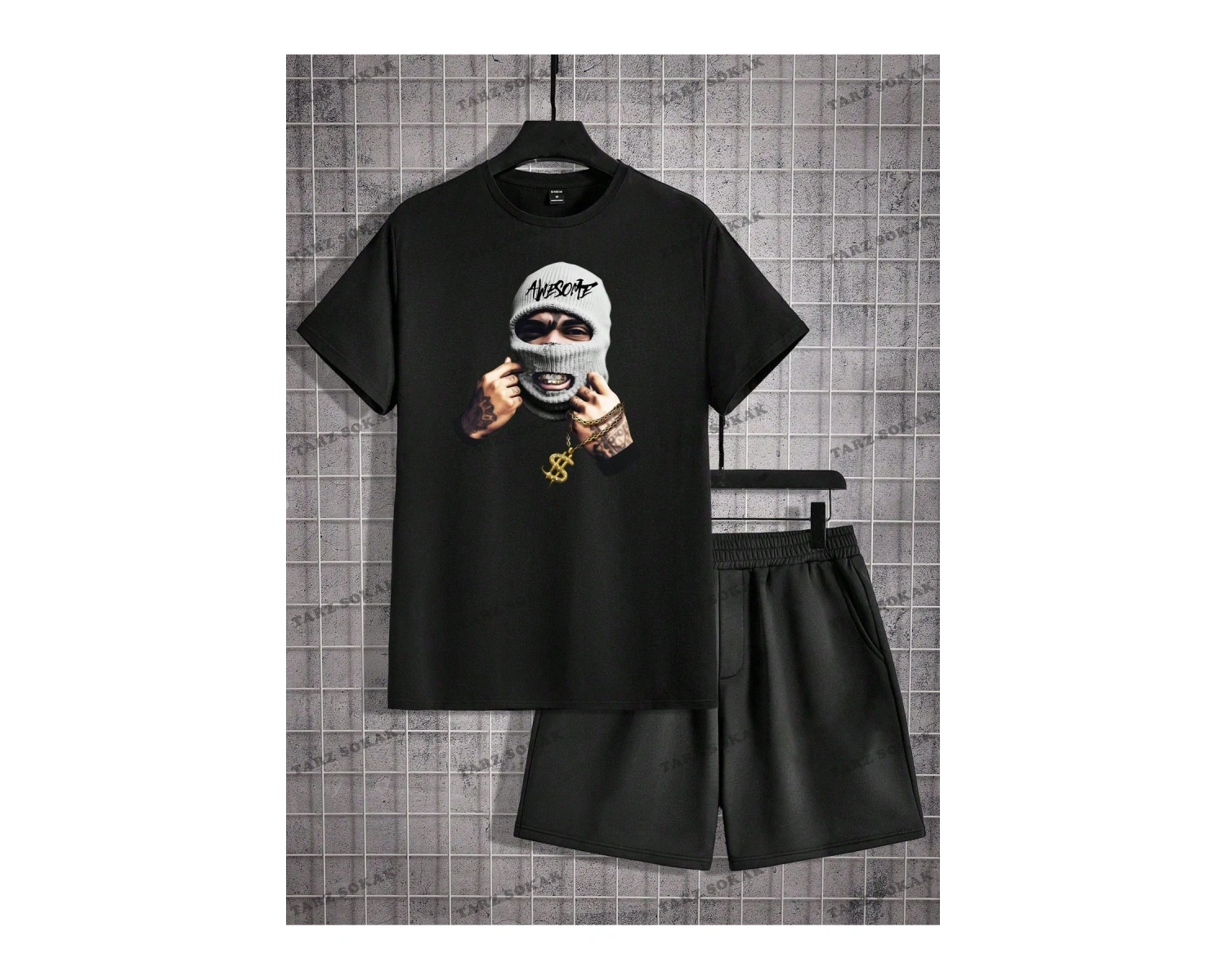 EMRG Siyah Örgü Erkek Karakter Baskılı Kısa Kollu Grafik Erkek T Gömlek Ve Şort Tak