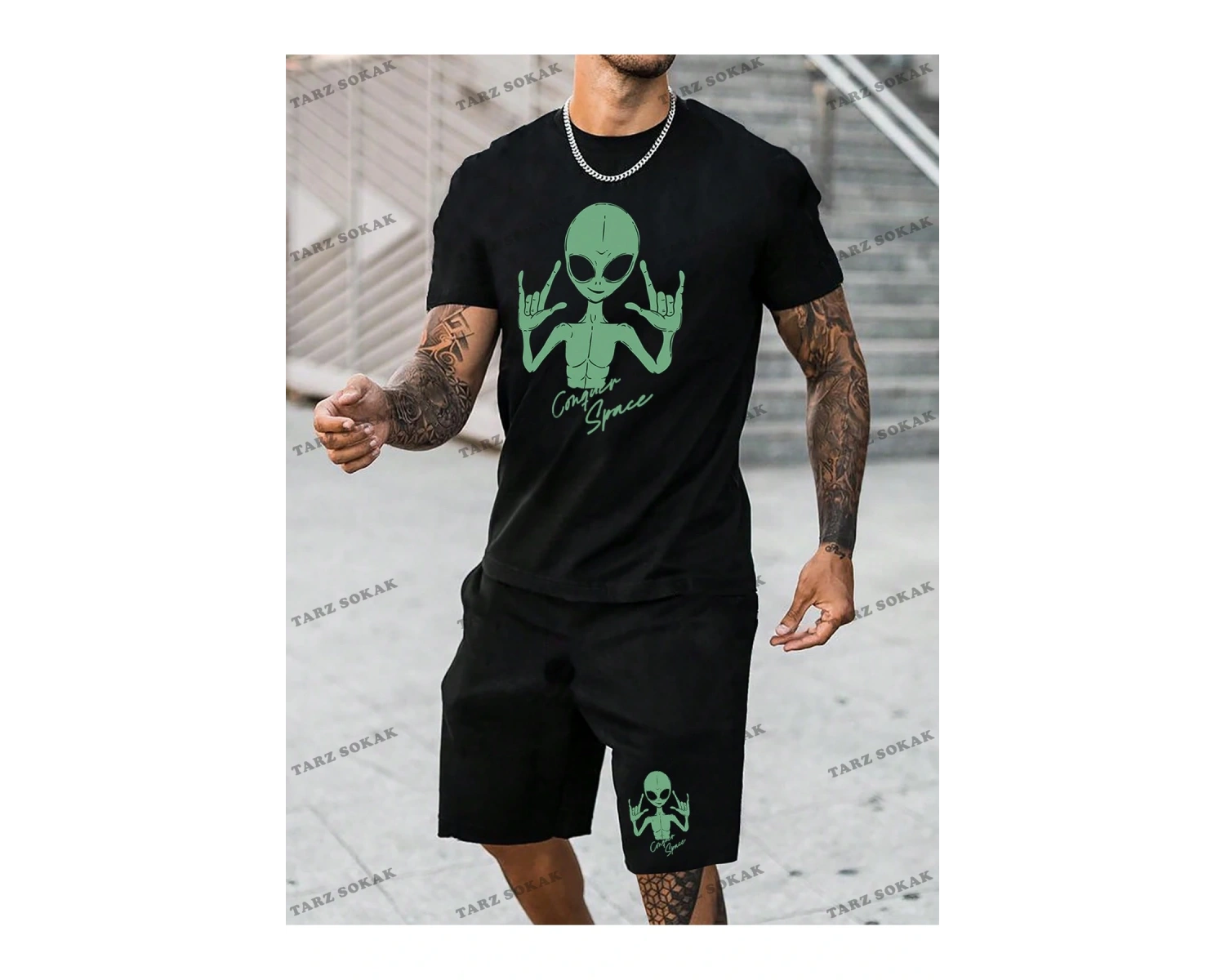 EMRG Siyah Örme Erkek Uzaylı Mektup Baskılı Tişört ve Şort İki Parçalı Set
