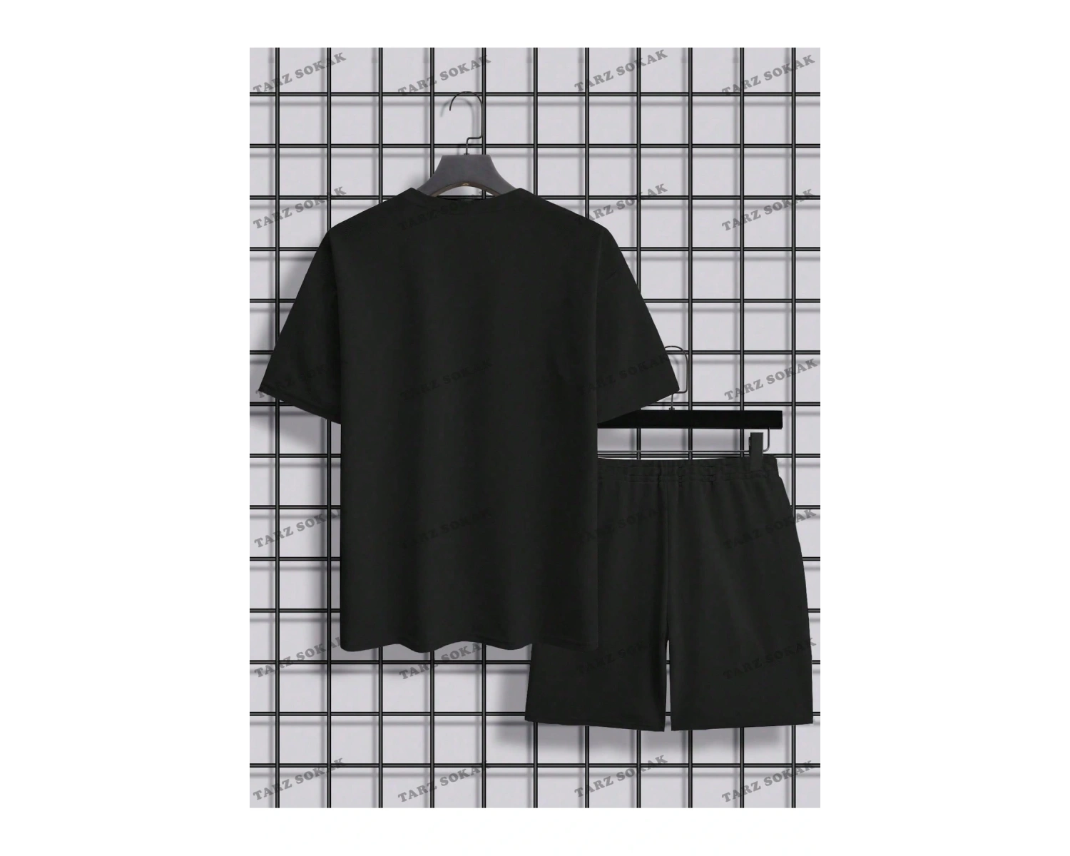 EMRG Siyah Örme Erkek Uzaylı Mektup Baskılı Tişört ve Şort İki Parçalı Set