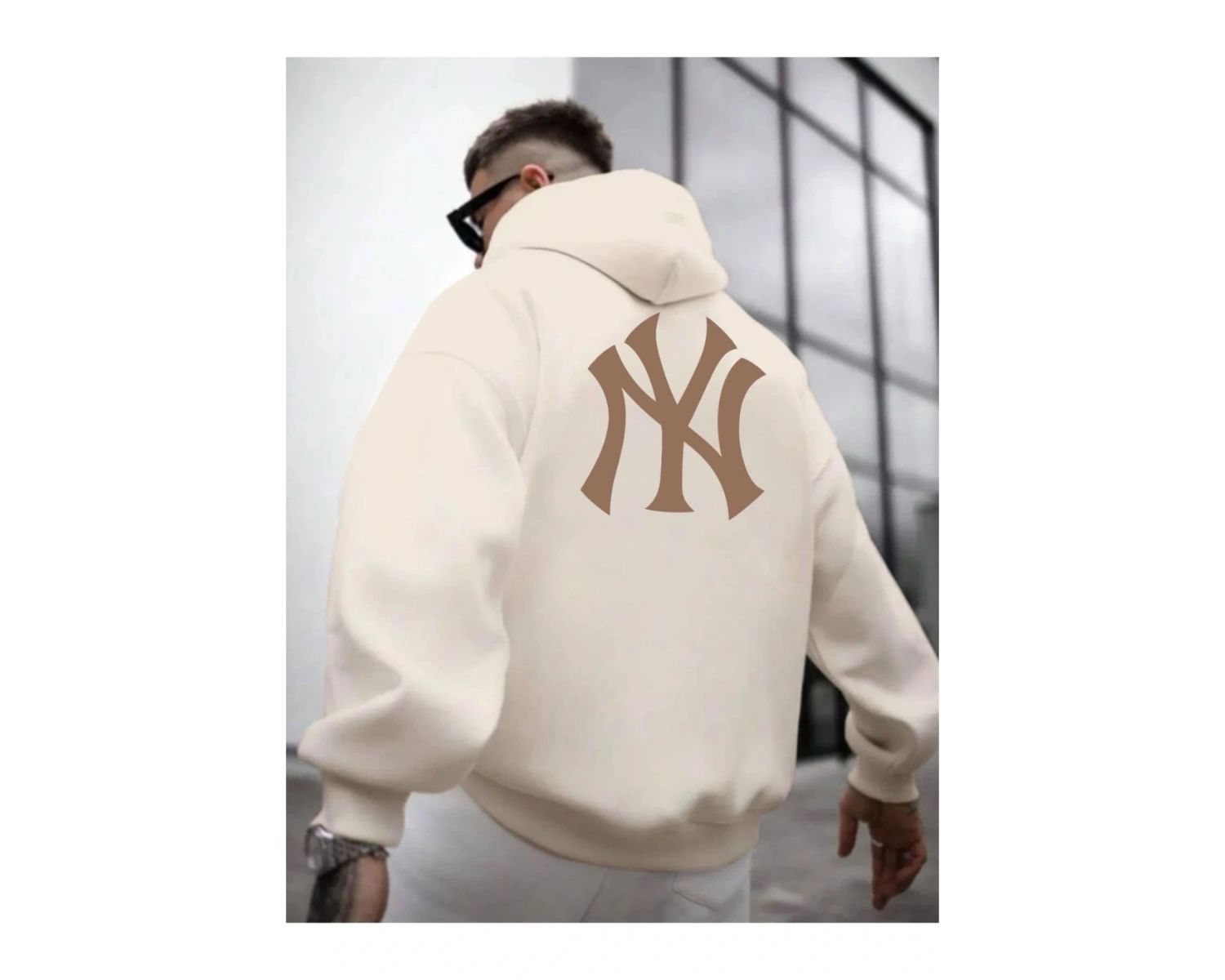 Erkek Bej Ön Arka NY Baskılı Kapüşonlu Sweatshirt onarkanysweatshirt Bej