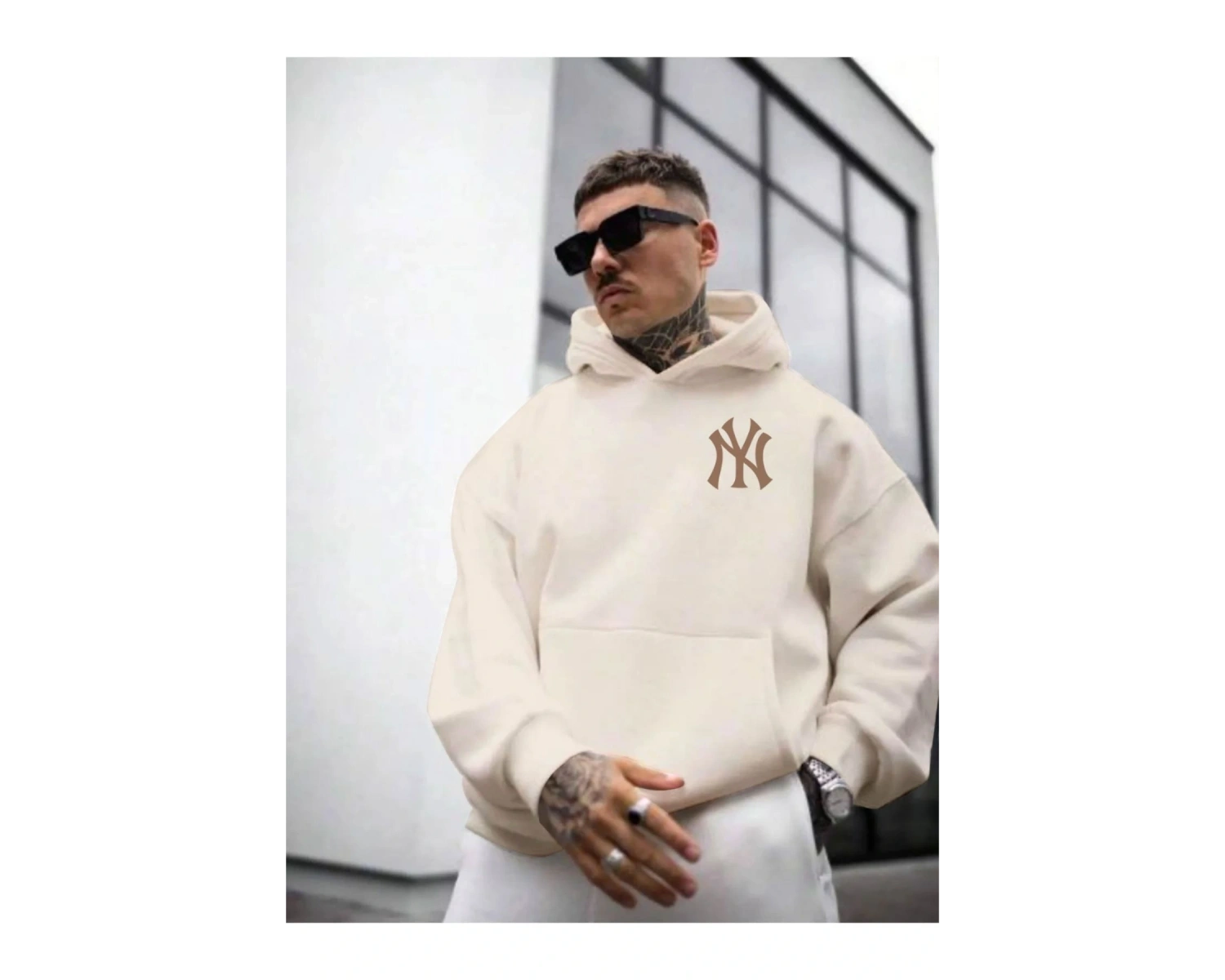 Erkek Bej Ön Arka NY Baskılı Kapüşonlu Sweatshirt onarkanysweatshirt Bej