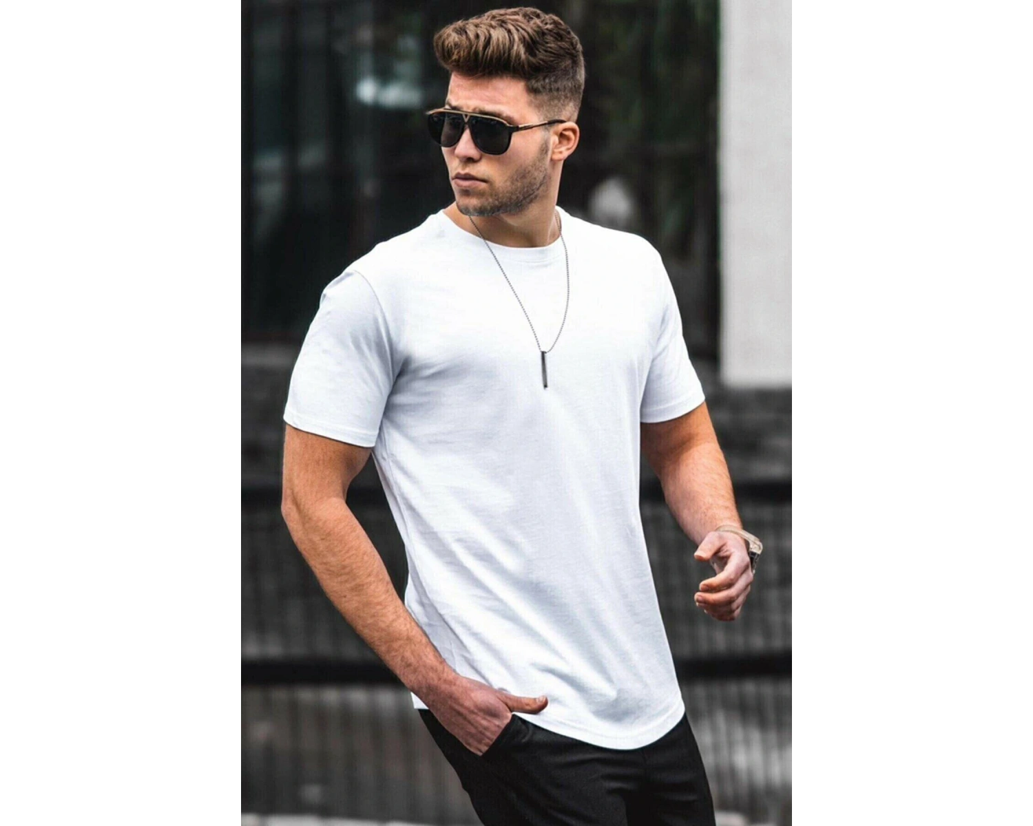 Erkek Beyaz Basic Licralı Slimfit T-shirt
