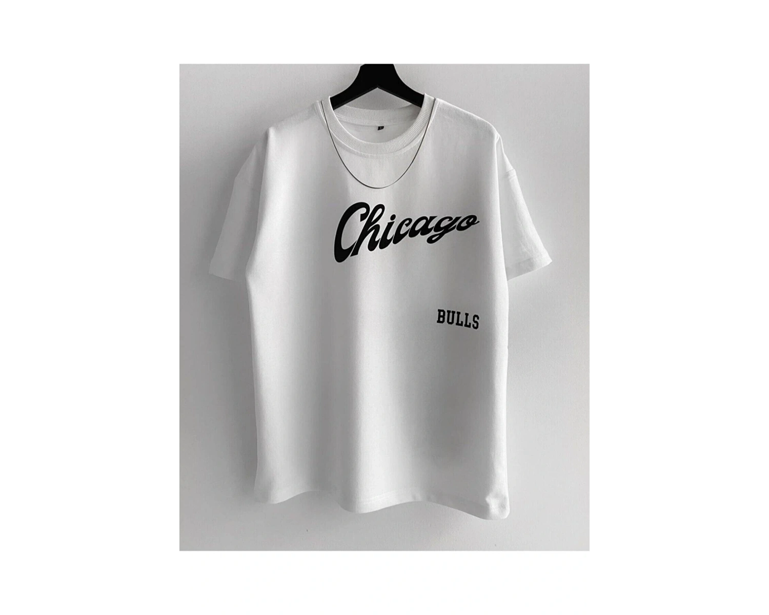 Erkek Beyaz Bulls Baskılı Oversize Bisiklet Yaka T-shirt