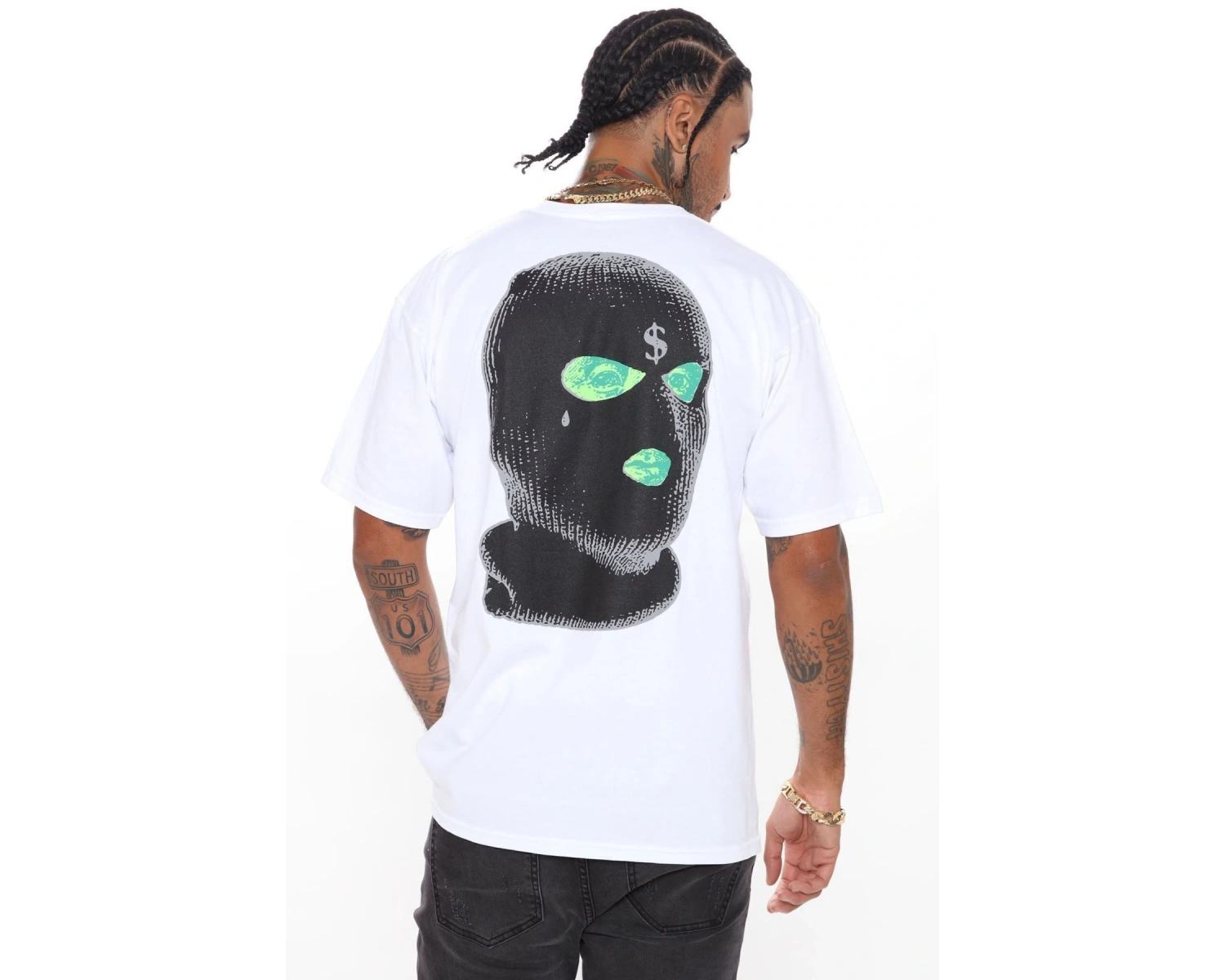 Erkek Beyaz Dirty Money Drill Sırt Baskılı Oversize Bisiklet Yaka T-shirt