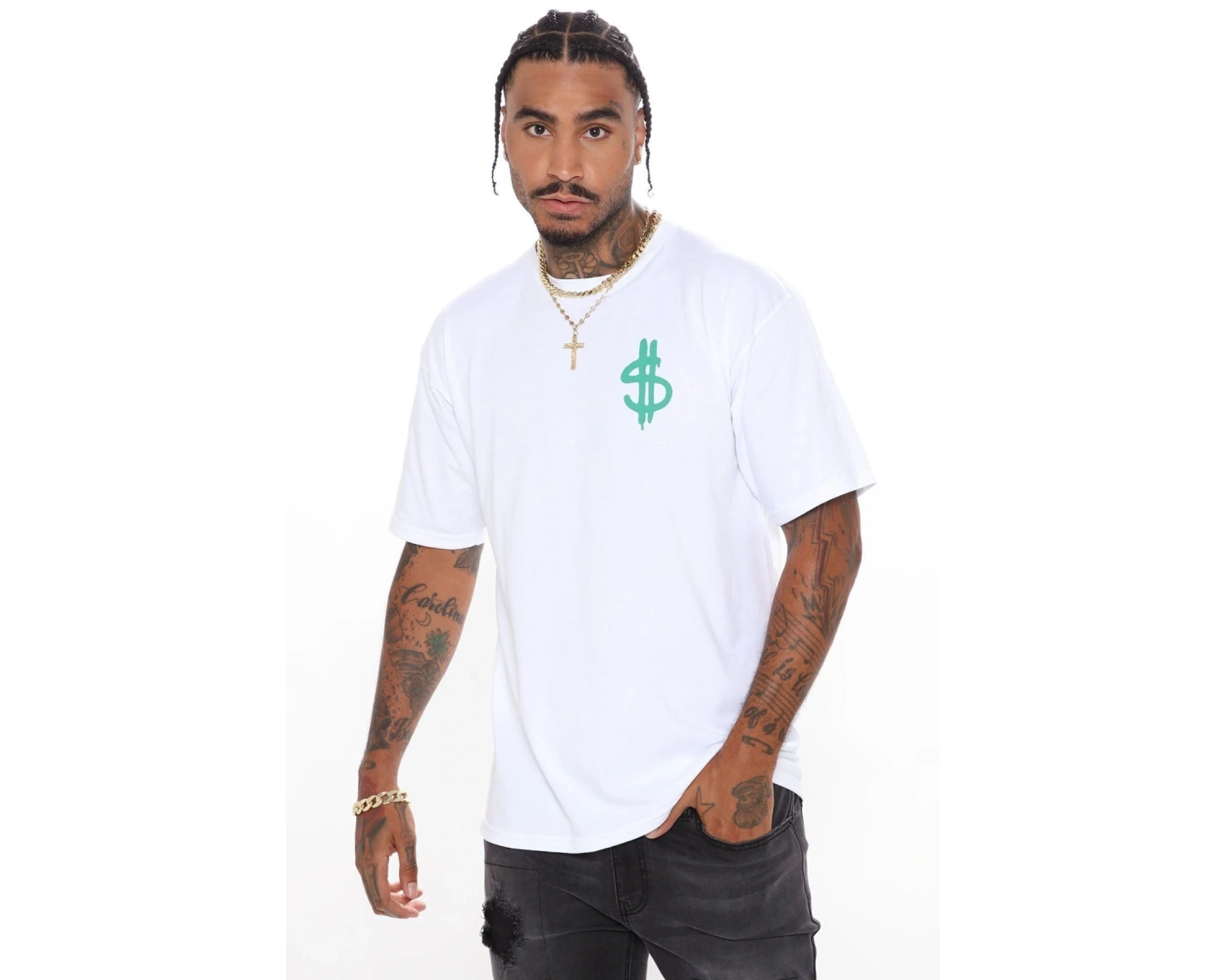 Erkek Beyaz Dirty Money Drill Sırt Baskılı Oversize Bisiklet Yaka T-shirt