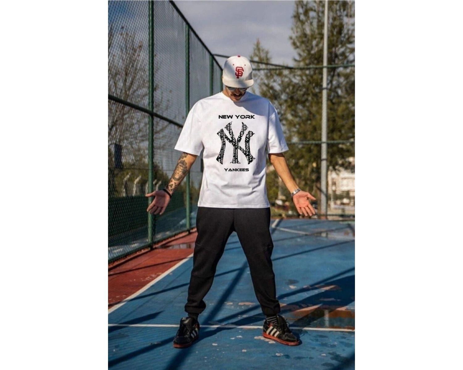 Erkek Beyaz Ny Baskılı Oversize Bisiklet Yaka Kısa Kollu T-shirt