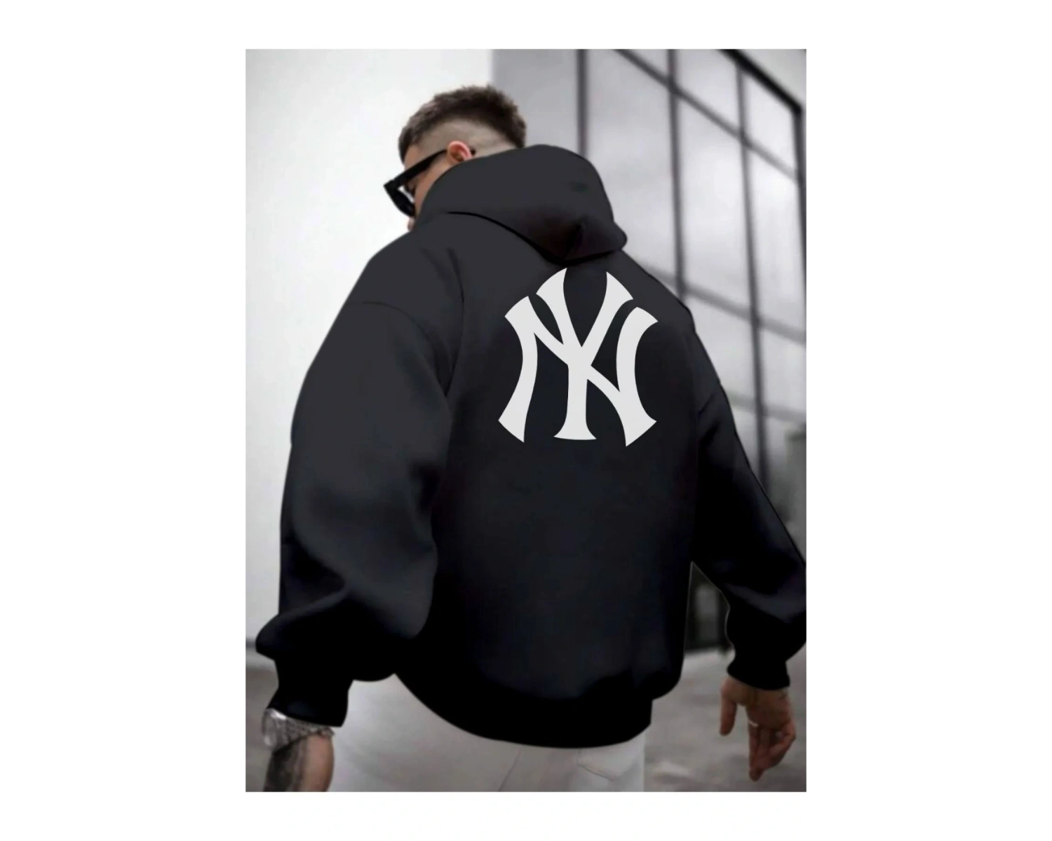 Erkek Beyaz Ön Arka NY Baskılı Kapüşonlu Sweatshirt onarkanysweatshirt