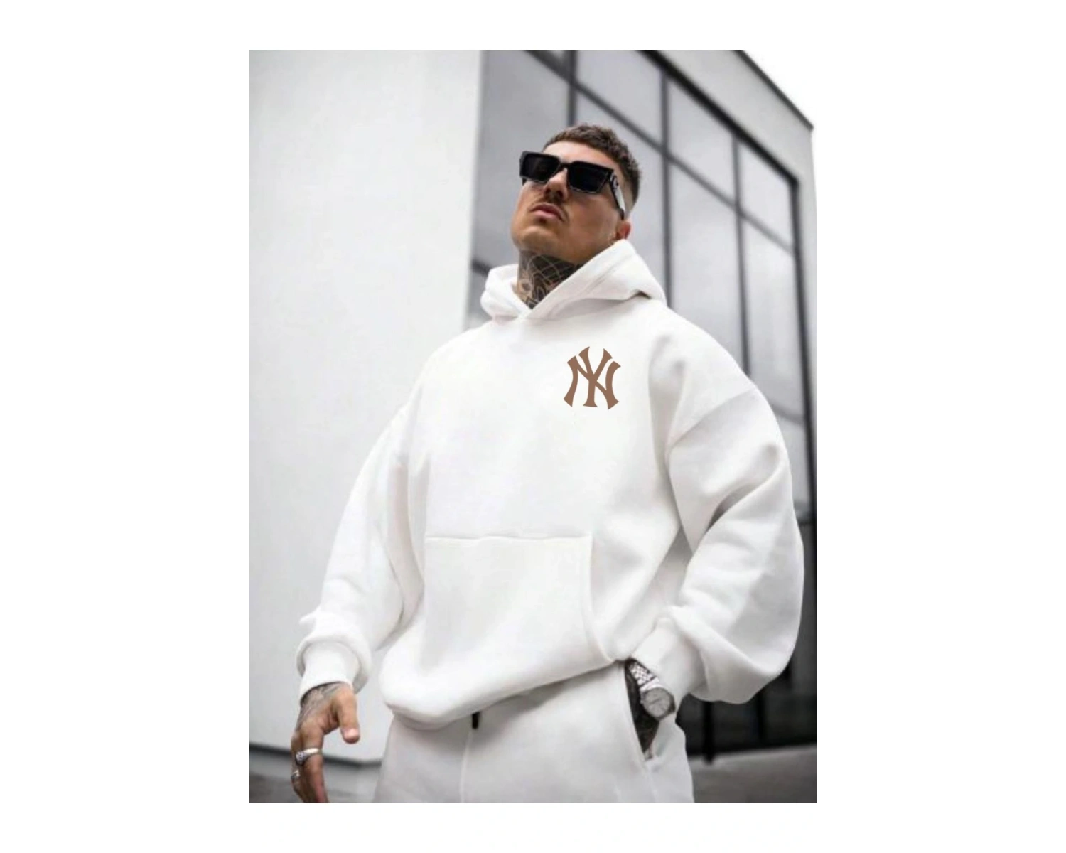 Erkek Beyaz Ön Arka NY Baskılı Kapüşonlu Sweatshirt onarkanysweatshirt