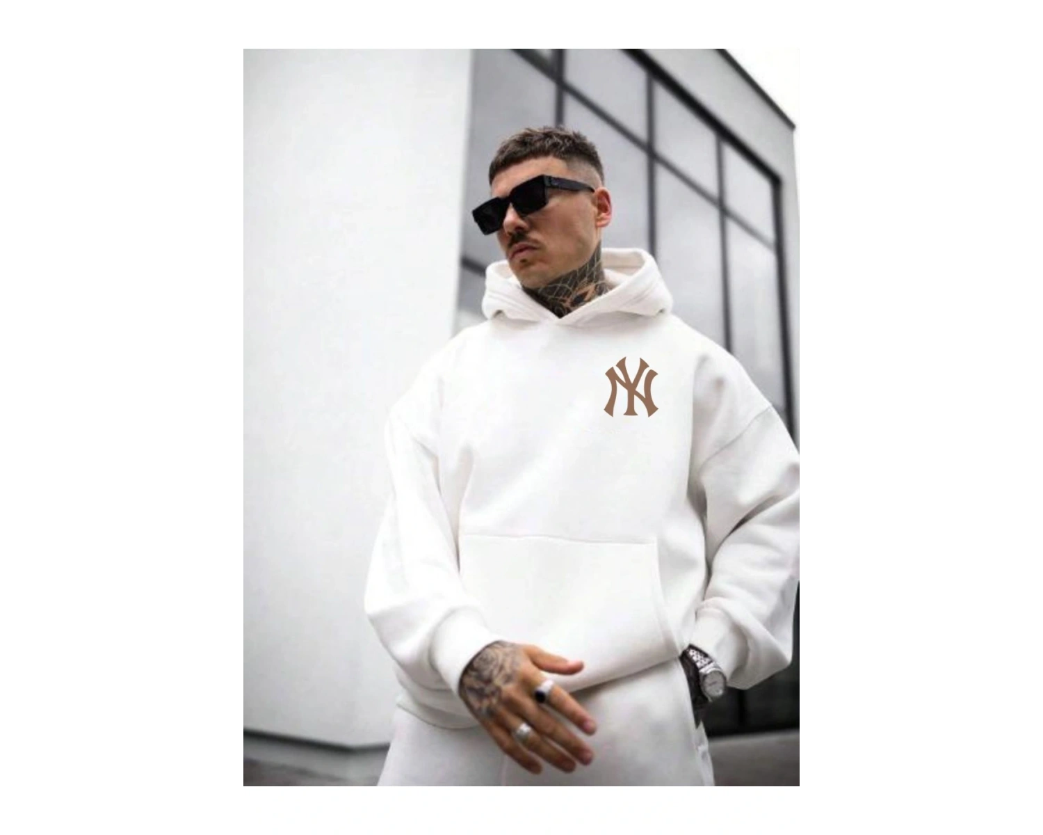 Erkek Beyaz Ön Arka NY Baskılı Kapüşonlu Sweatshirt onarkanysweatshirt