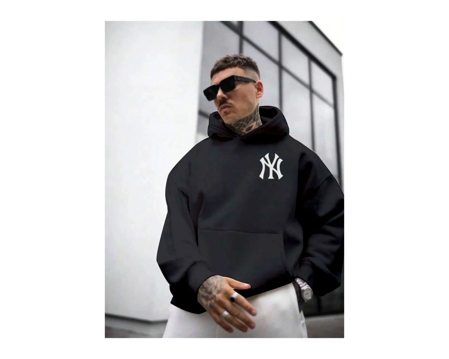 Erkek Beyaz Ön Arka NY Baskılı Kapüşonlu Sweatshirt onarkanysweatshirt