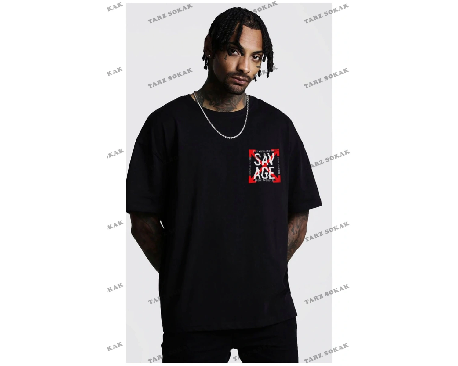 Erkek Beyaz Oversize Savage Baskılı