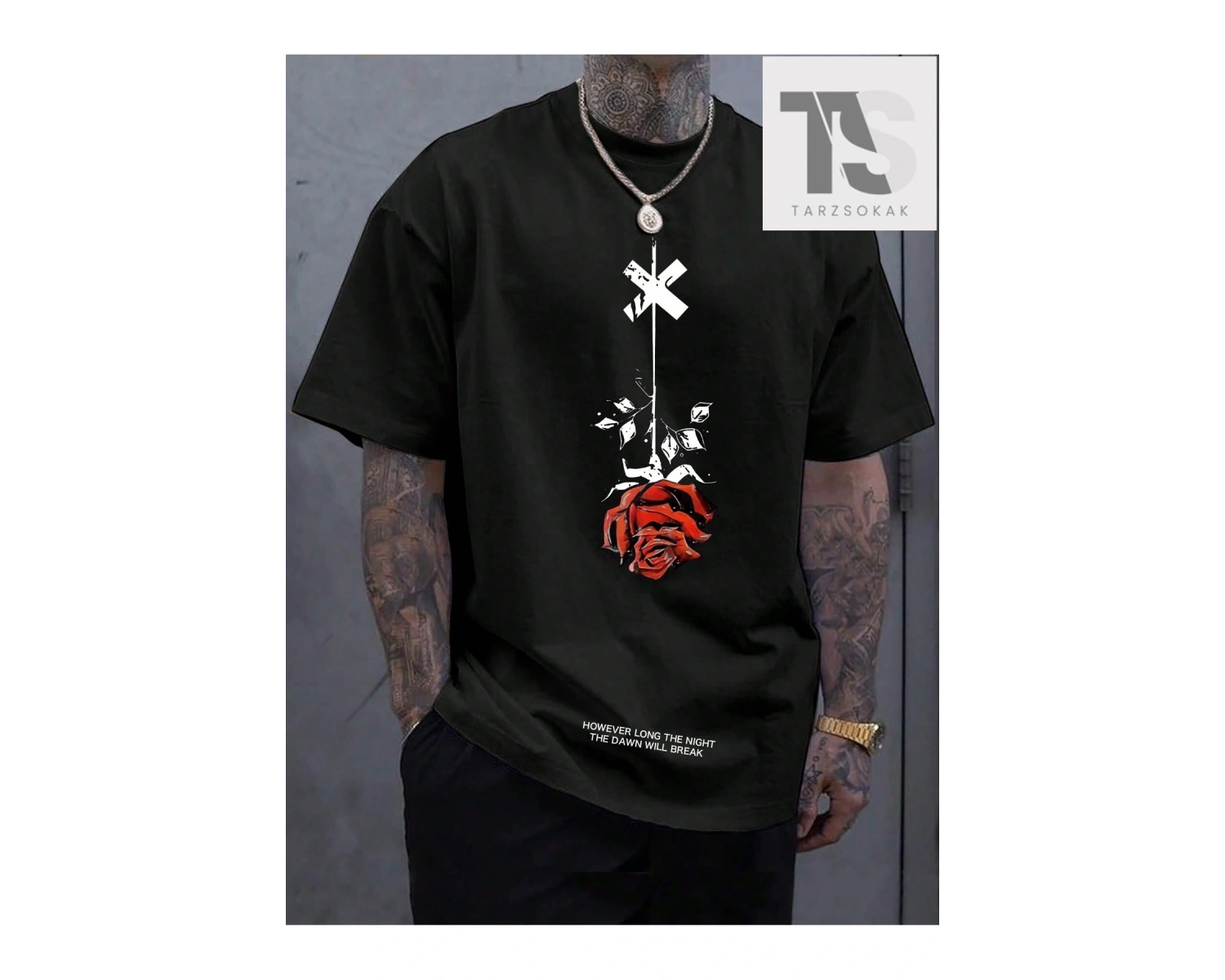 Erkek Büyük Beden Çiçek Desenli Düşük Omuz Kollu Tişört