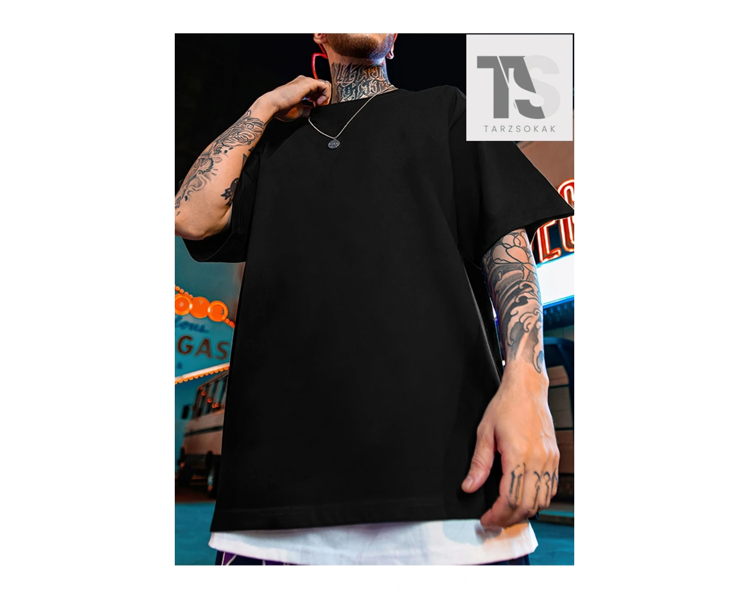 Erkek Ejderha ve Slogan Grafikli Düşük Omuz Tişörtü