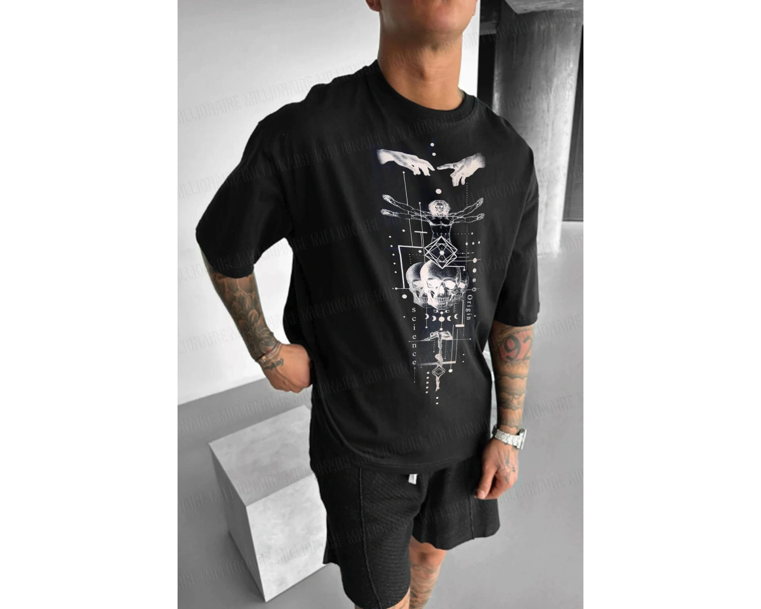 Erkek Ekru Beyaz Da Vinci Sicience Oversize Fit Bol Geniş Kalıp Salaş Kesim