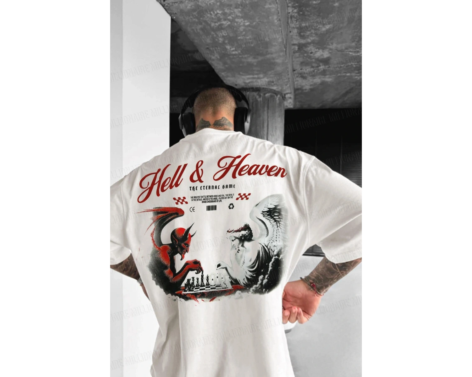 Erkek Ekru Beyaz Devil And Angel Oversize Fit Bol Geniş Kalıp Salaş Kesim