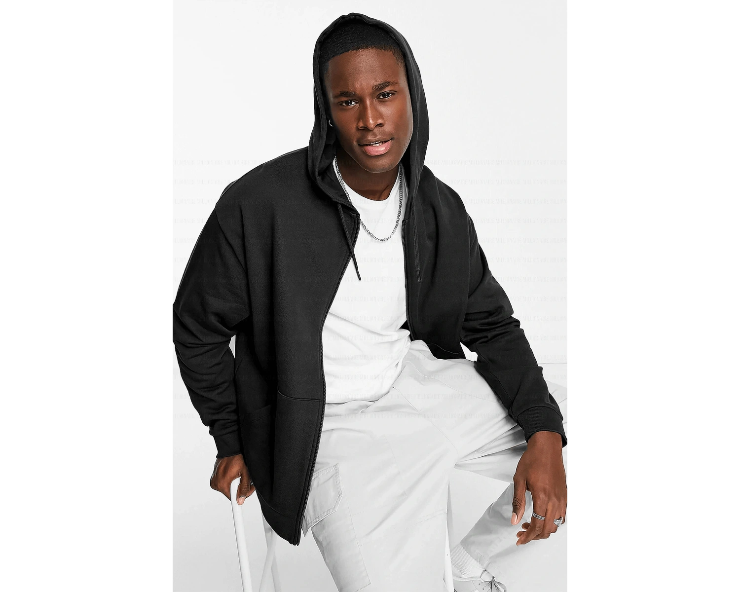 Erkek Ekru Kapüşonlu Fermuarlı 3 Üç İplik Polar Kanguru Oversize Salaş Sweatshirt Beyaz