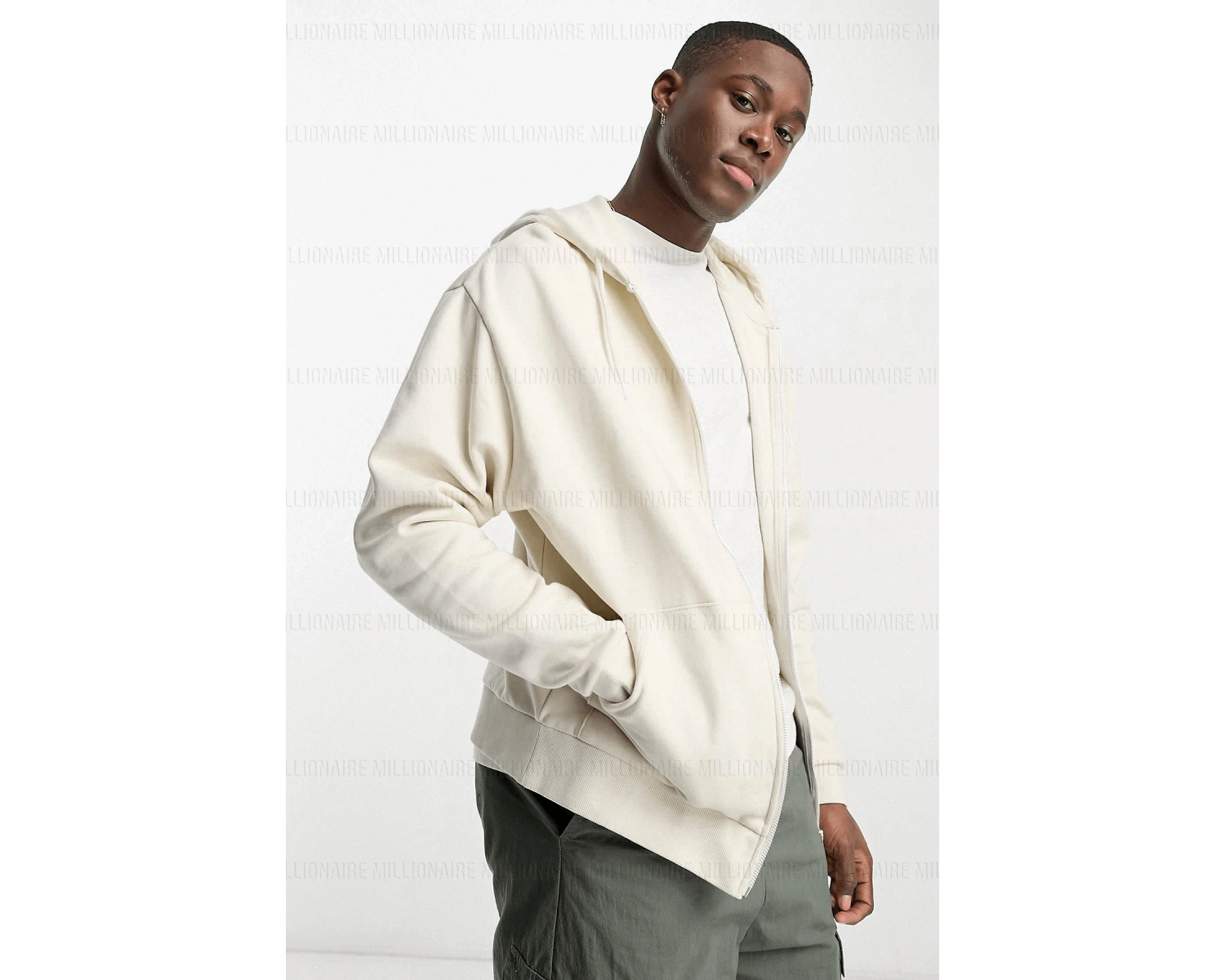 Erkek Ekru Kapüşonlu Fermuarlı 3 Üç İplik Polar Kanguru Oversize Salaş Sweatshirt Beyaz