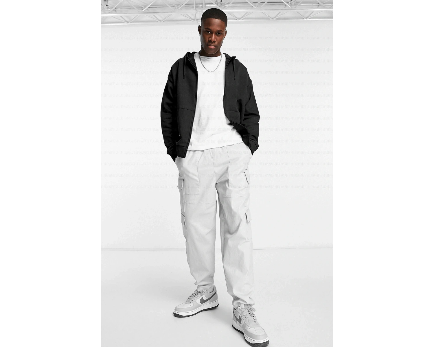 Erkek Ekru Kapüşonlu Fermuarlı 3 Üç İplik Polar Kanguru Oversize Salaş Sweatshirt Beyaz