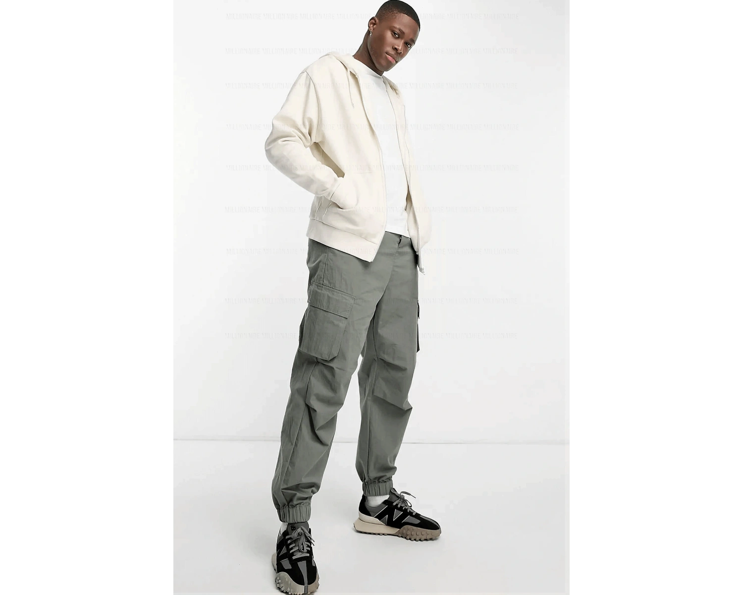 Erkek Ekru Kapüşonlu Fermuarlı 3 Üç İplik Polar Kanguru Oversize Salaş Sweatshirt Beyaz