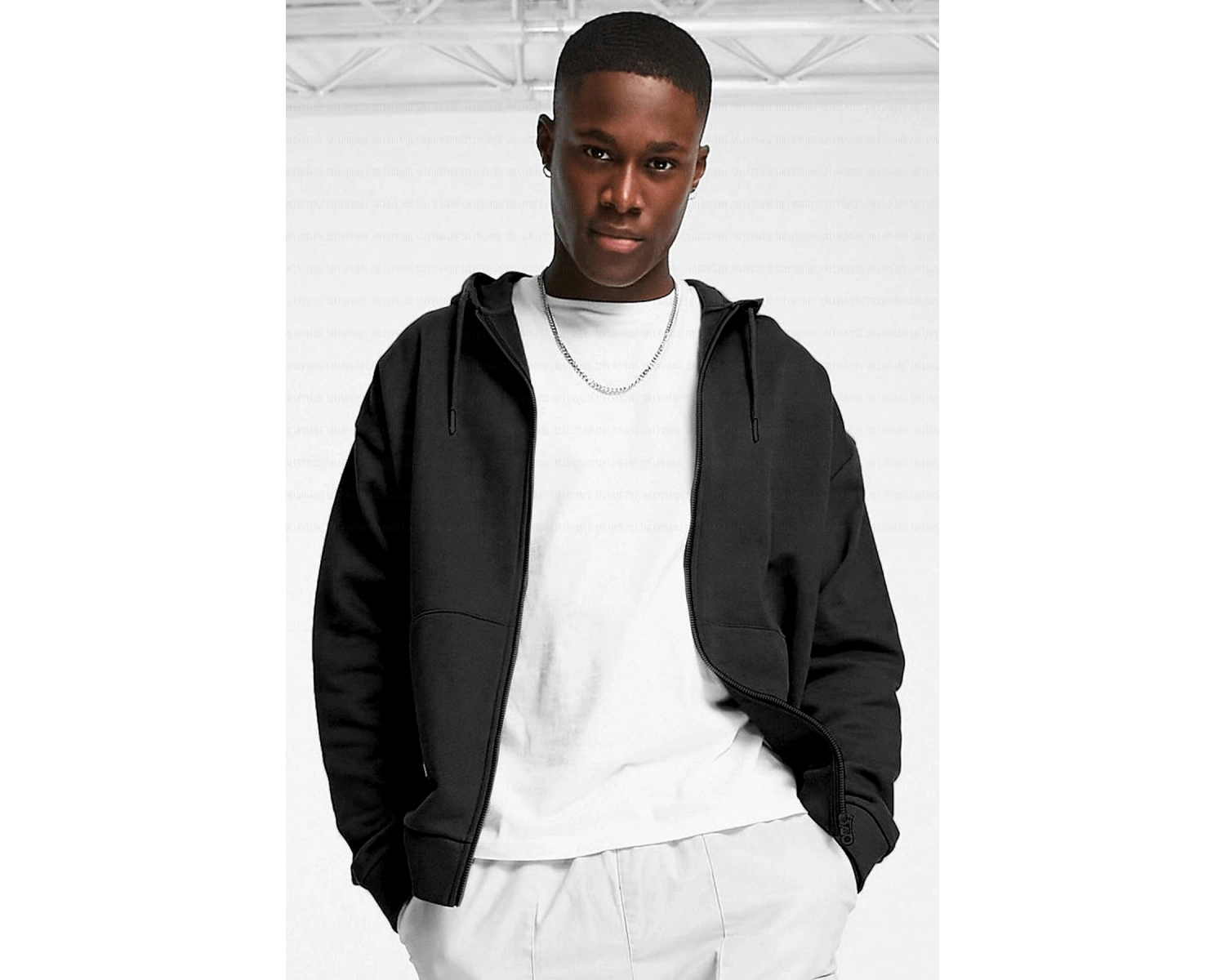 Erkek Ekru Kapüşonlu Fermuarlı 3 Üç İplik Polar Kanguru Oversize Salaş Sweatshirt Beyaz