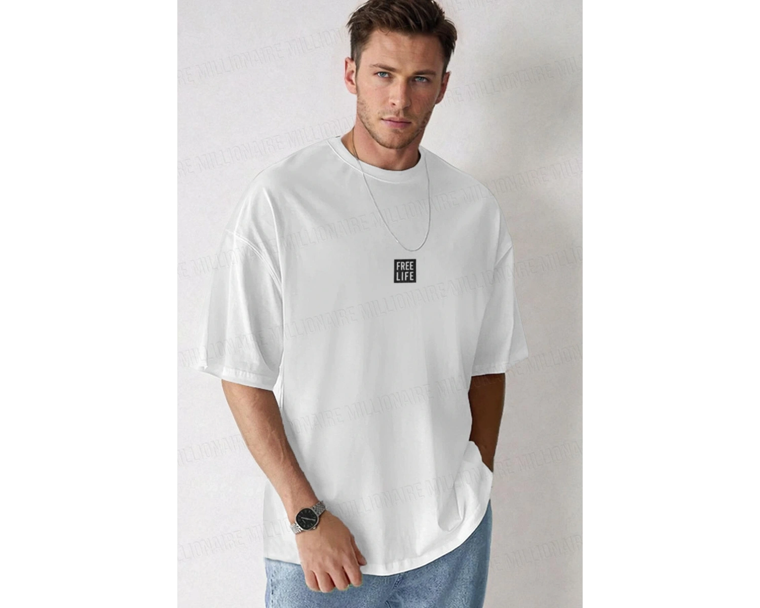 Erkek Free Life Beyaz Bisiklet Yaka Oversize Salas