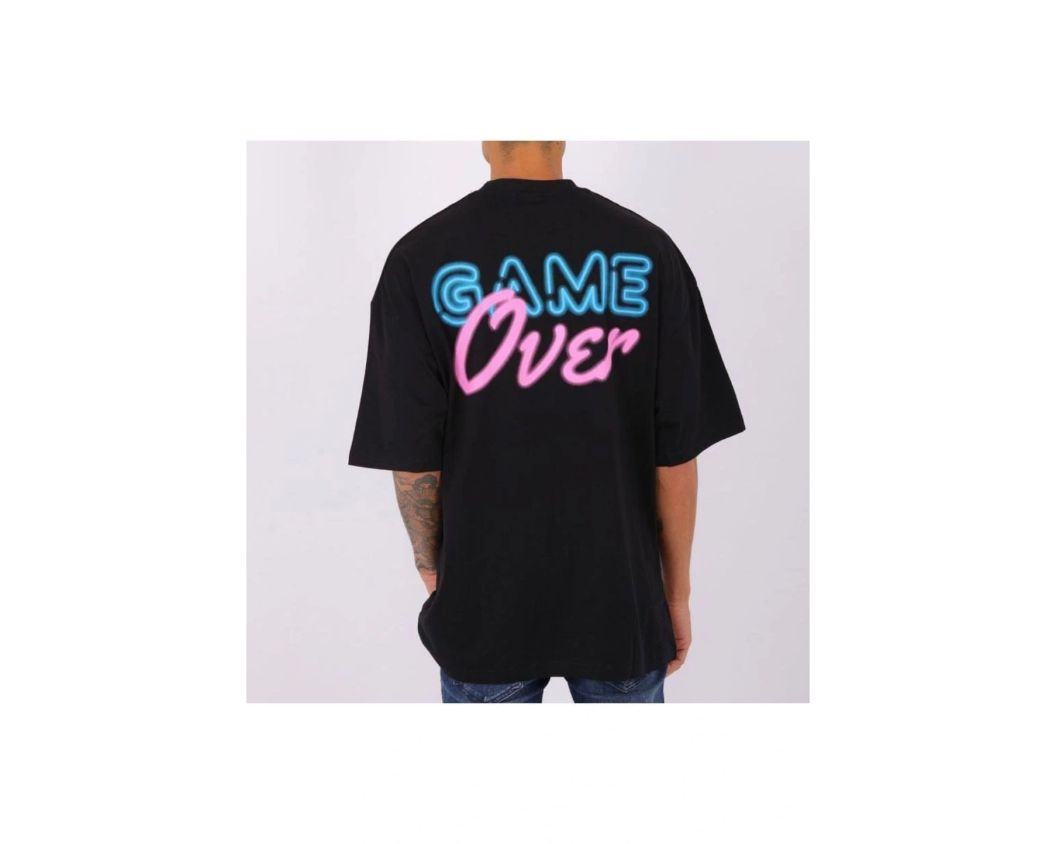 Erkek Game Over Baskılı Oversize Bisiklet Yaka Tshirt