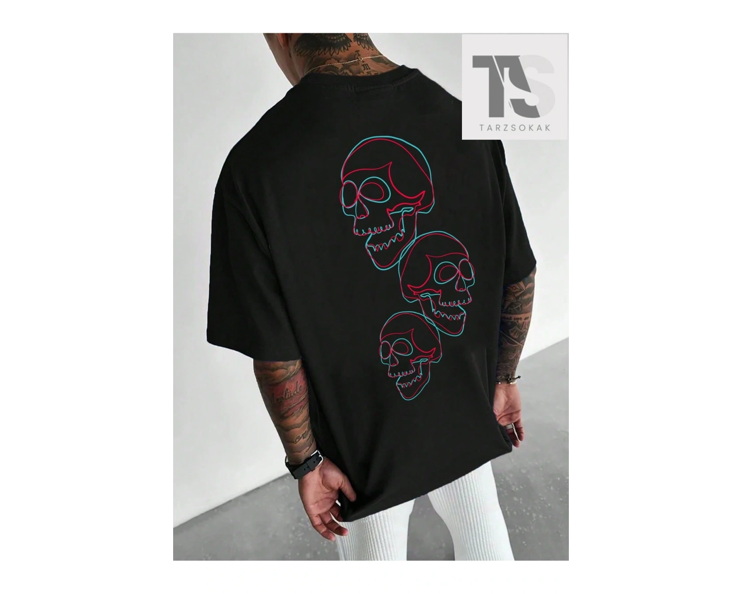 Erkek Gevşek Kafatası Baskılı Damla Omuz Tişört