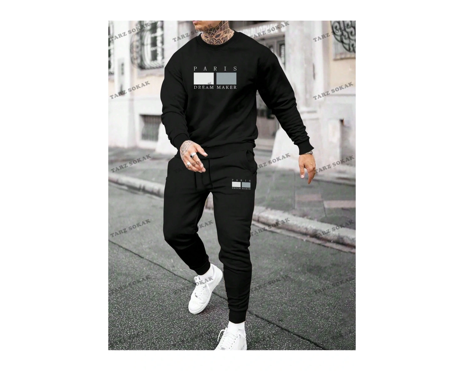 Erkek Günlük Harf Baskı Büyük Boy Kazak ve Jogger Pantolon Takım