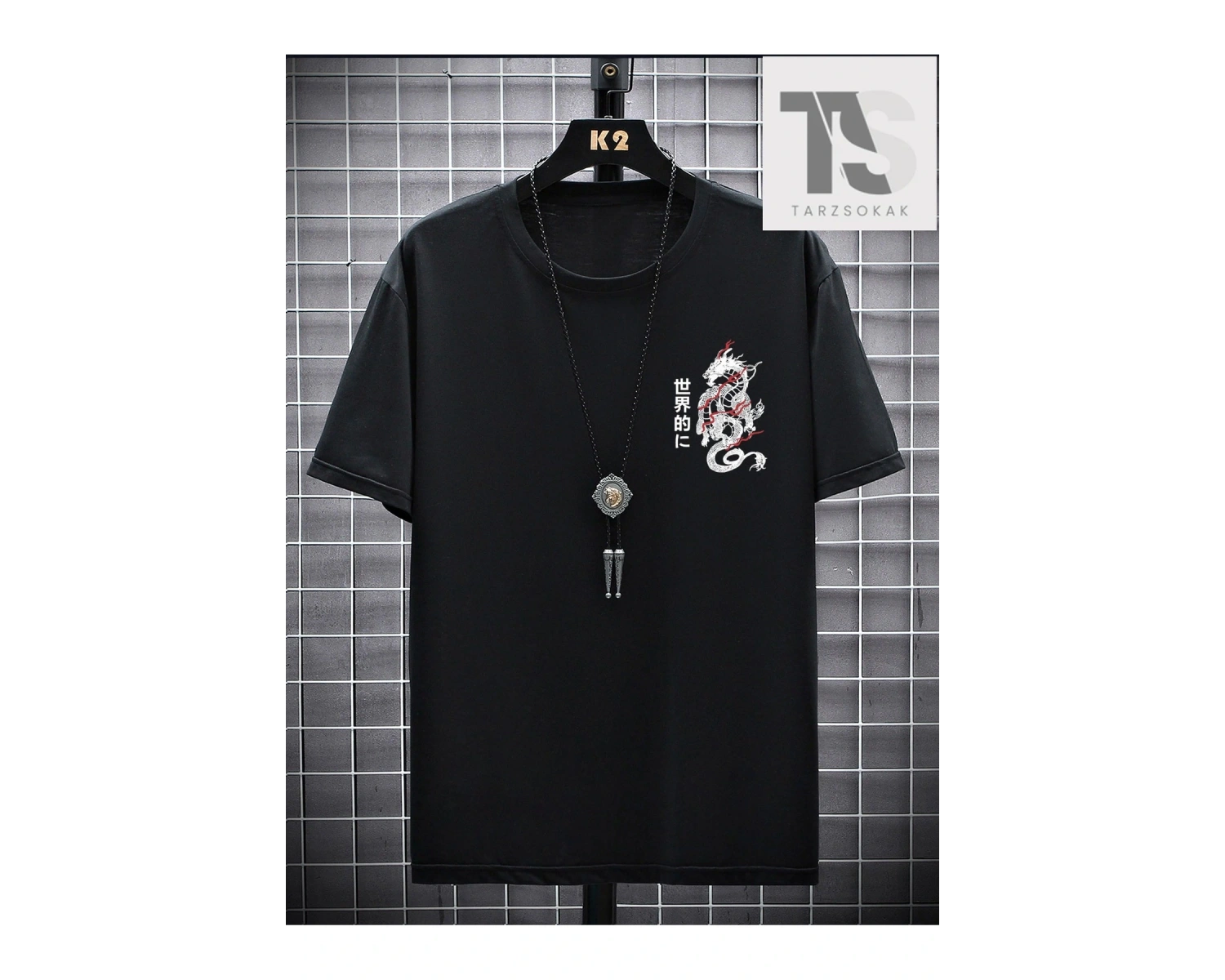 Erkek Japon Harfli ve Ejderha Grafikli Tişört