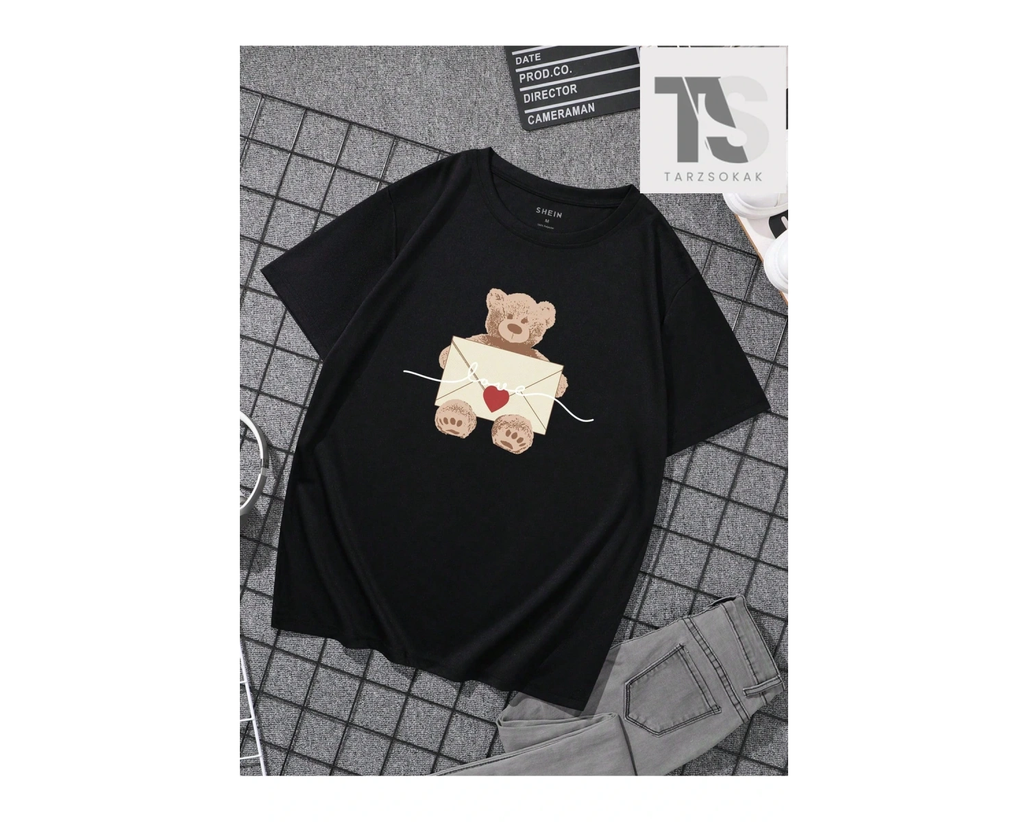 Erkek Karikatür Ayı ve Zarf Baskılı Kısa Kollu Tişört