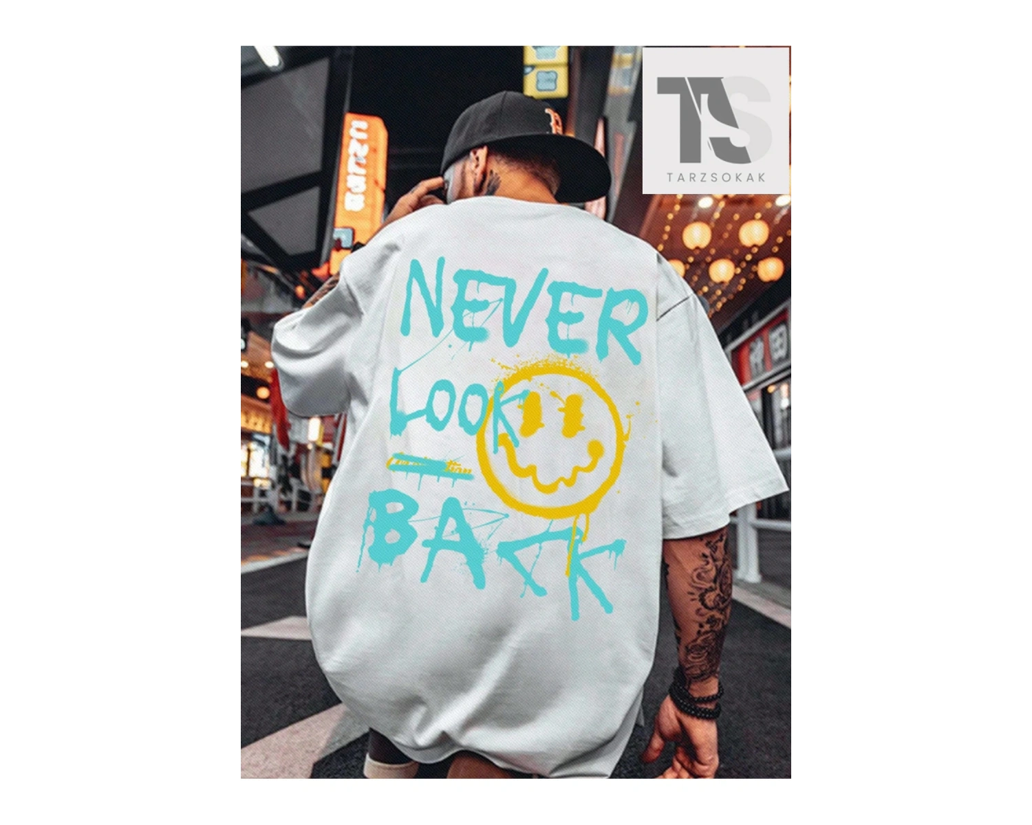 Erkek Karikatür & Slogan Grafikli Düşük Omuz Tişörtü