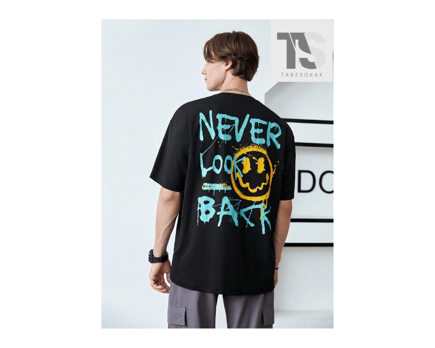 Erkek Karikatür & Slogan Grafikli Düşük Omuz Tişörtü