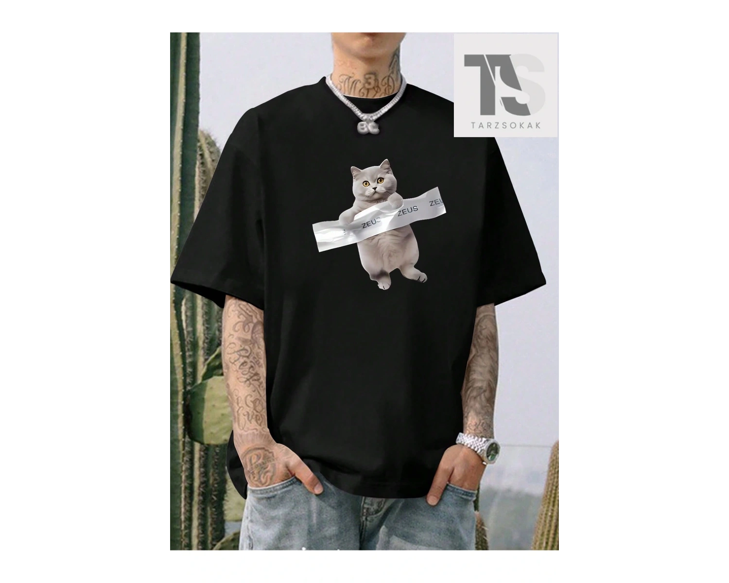 Erkek Kedi ve Mektup Baskılı Tişört