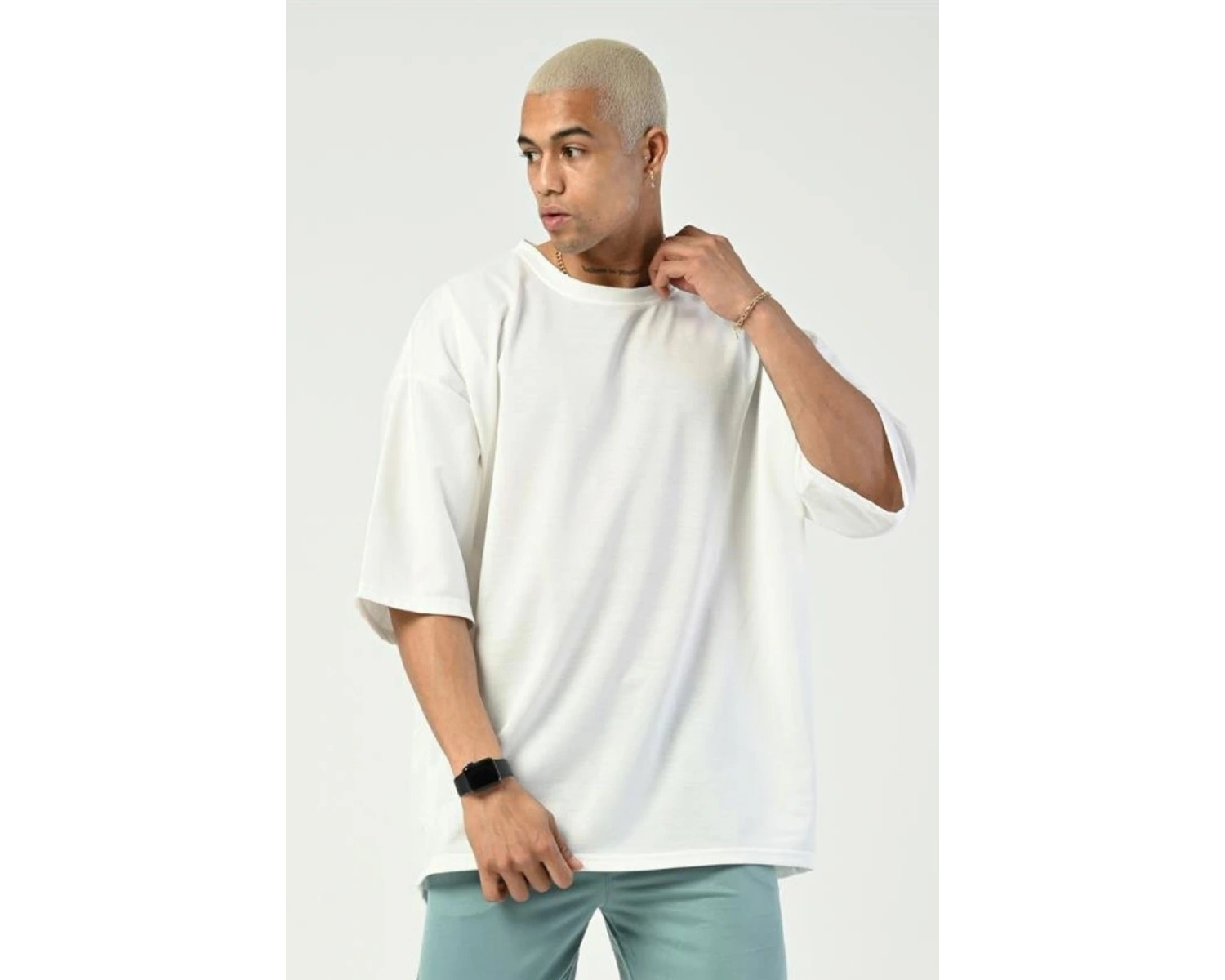 Erkek Kısa Kollu Tok Penye Oversize Rahat Kalıp Bisiklet Yaka