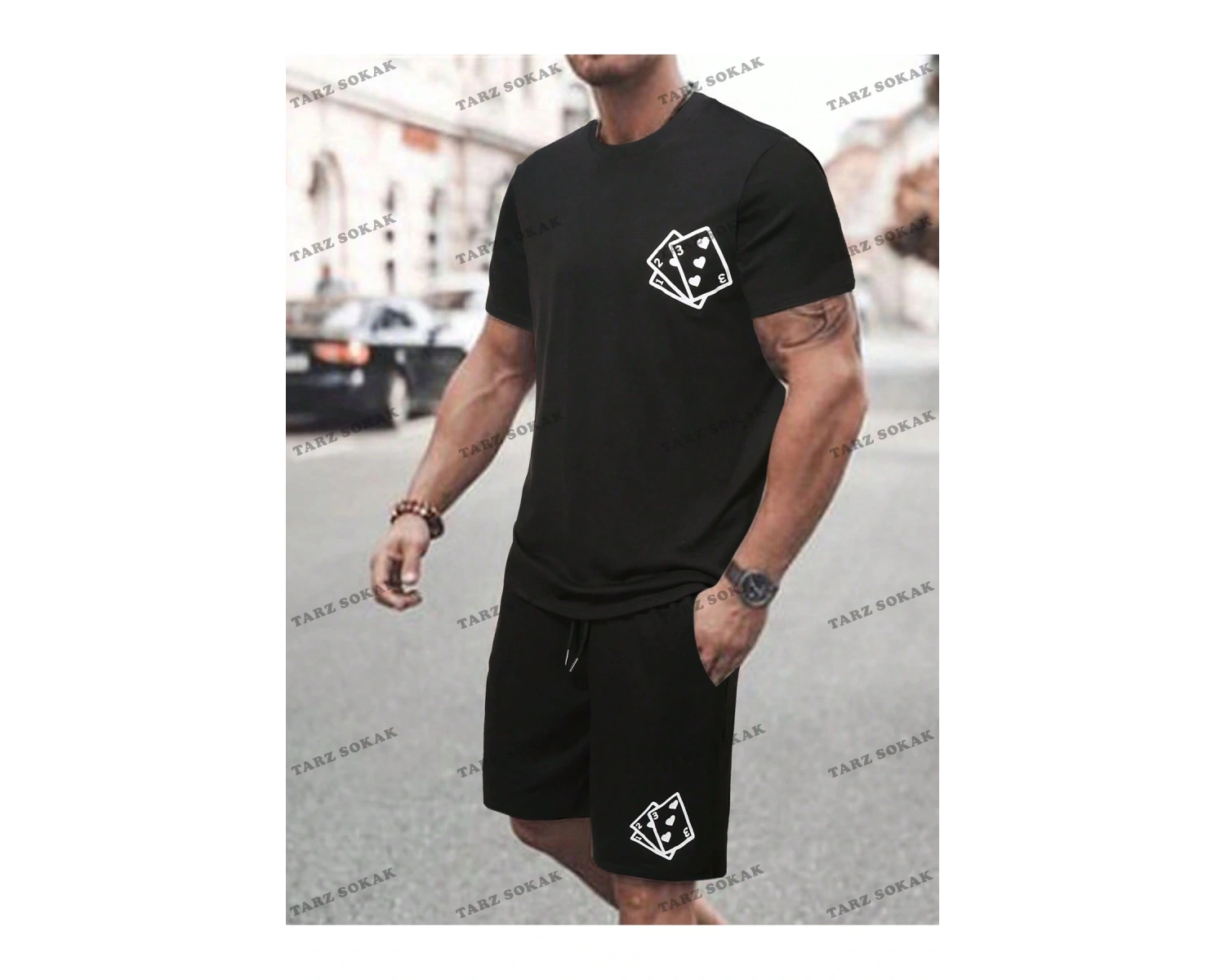 Erkek Kulaklık Baskı Kısa Kollu Tişört Ve Şort 2 adet/takım